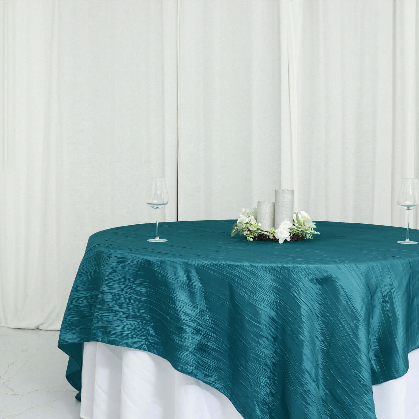 Taffeta Table Overlay 90"x90" Peacock Teal - Accordion Crinkle Table Topper - Image 2