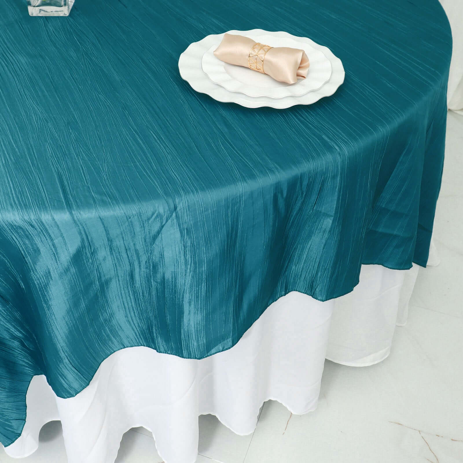 Taffeta Table Overlay 90"x90" Peacock Teal - Accordion Crinkle Table Topper - Image 5