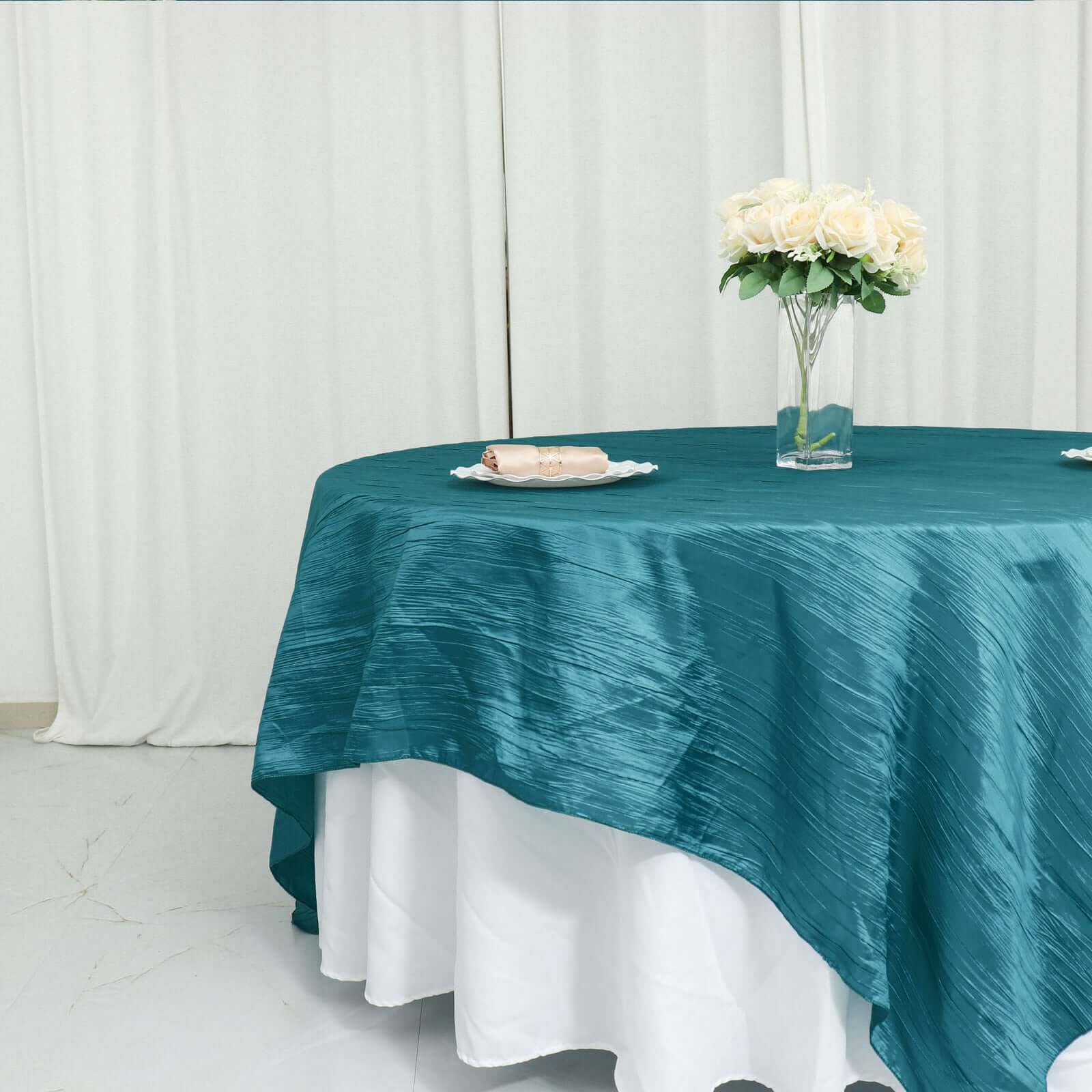 Taffeta Table Overlay 90"x90" Peacock Teal - Accordion Crinkle Table Topper - Image 6