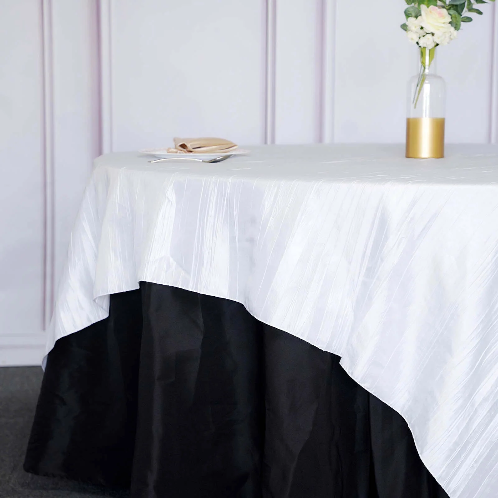Taffeta Table Overlay 90"x90" White with Accordion Crinkle Design - Stylish Accent for Upscale Gatherings - Image 2
