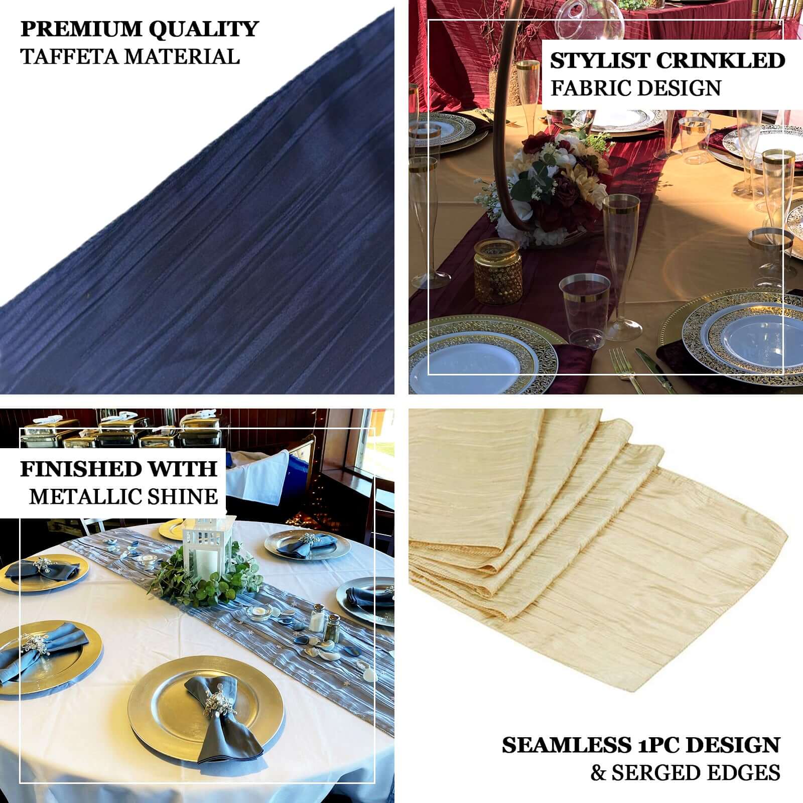 Taffeta Table Runner 12"x108" Beige - Accordion Crinkle Table Linen - Image 4