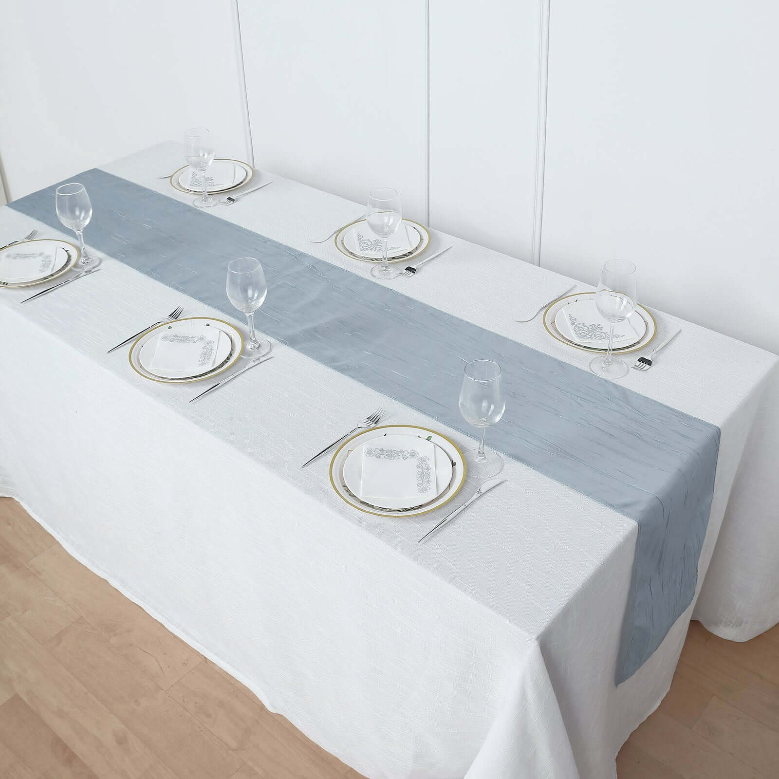 Taffeta Table Runner 12"x108" Dusty Blue - Accordion Crinkle Table Linen - Image 2