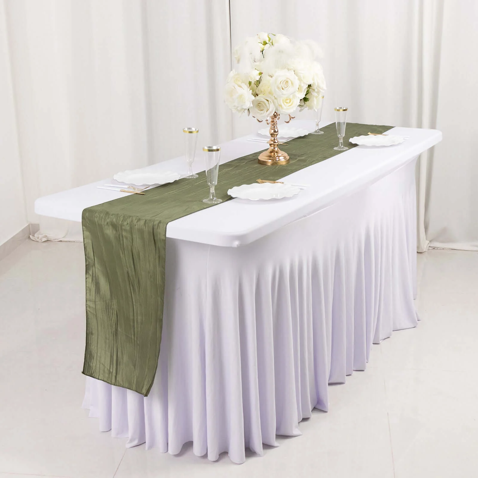 Taffeta Table Runner 12"x108" Dusty Sage Green - Accordion Crinkle Table Linen - Image 15