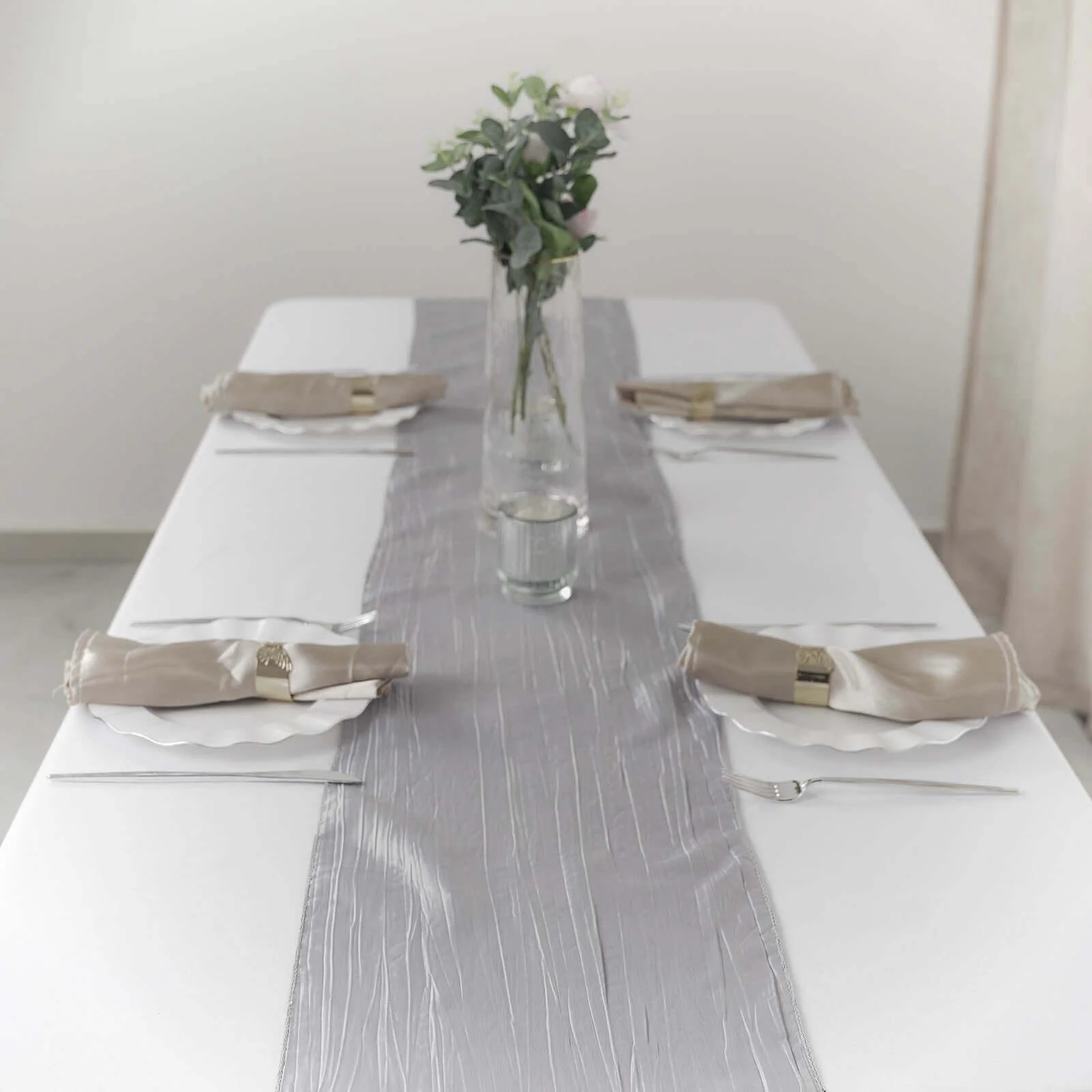 Taffeta Table Runner 12"x108" Silver - Accordion Crinkle Table Linen - Image 2