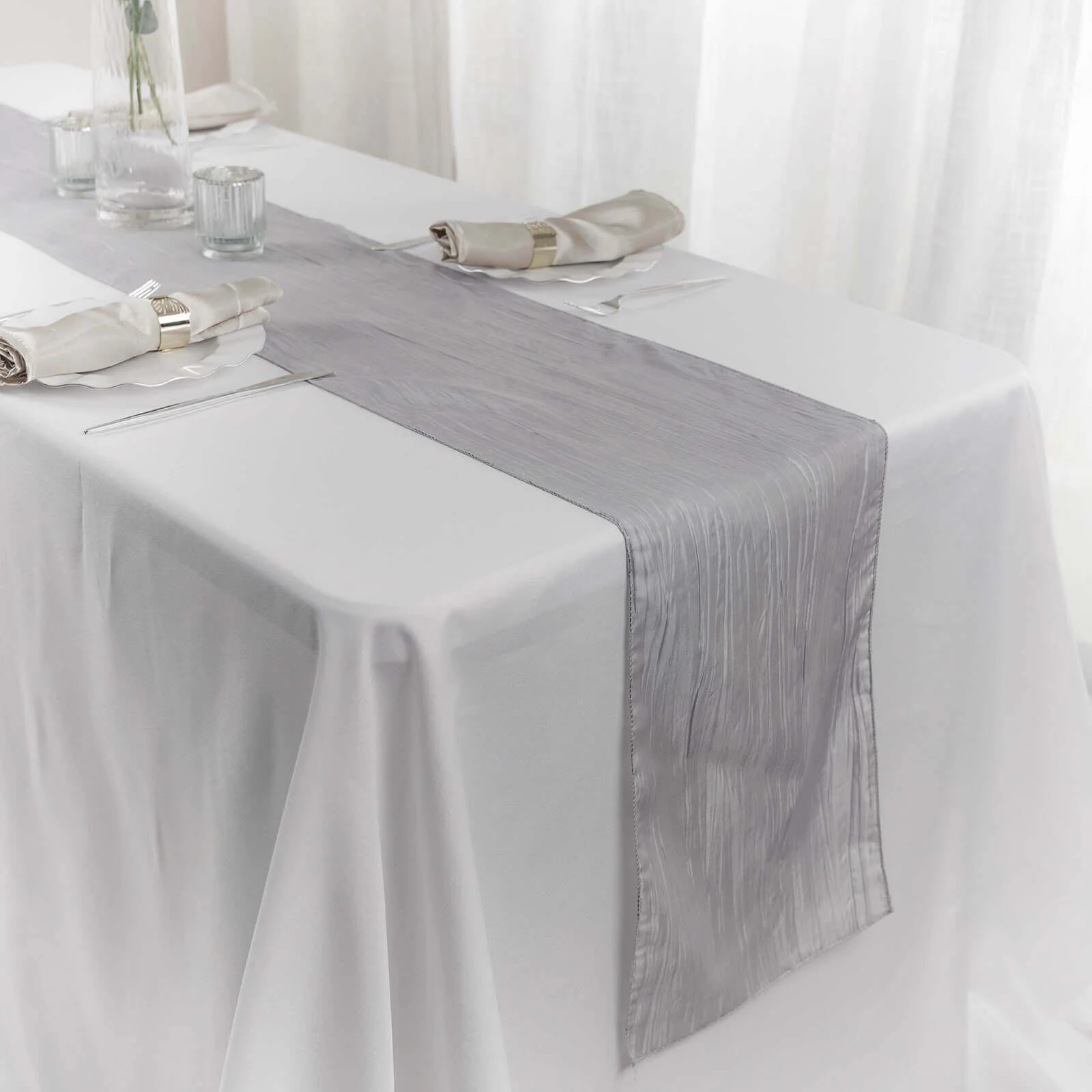 Taffeta Table Runner 12"x108" Silver - Accordion Crinkle Table Linen - Image 5