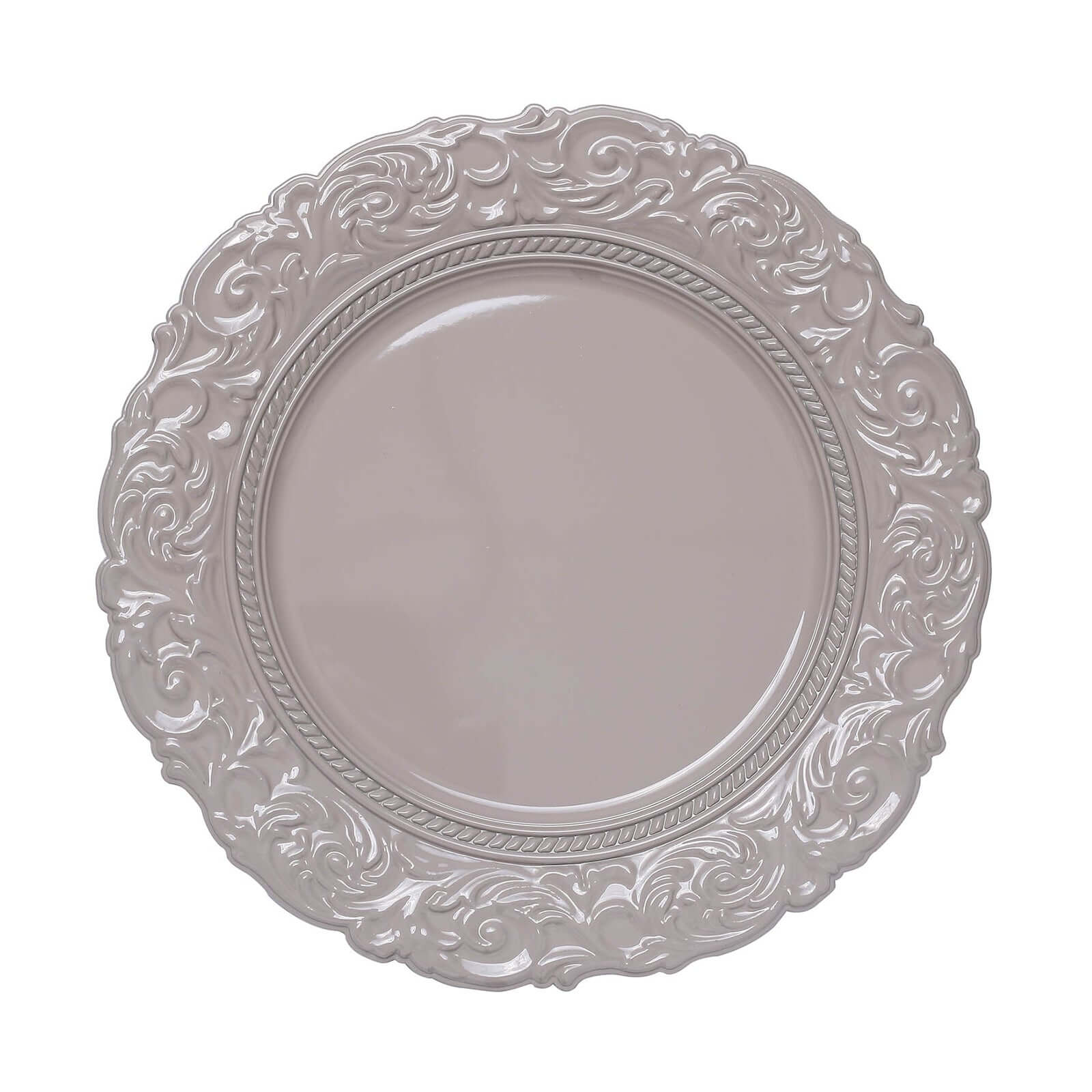 6-Pack Acrylic Charger Plates 14" Round Taupe with Engraved Baroque Rim - Vintage Disposable Decorative Chargers - Image 8