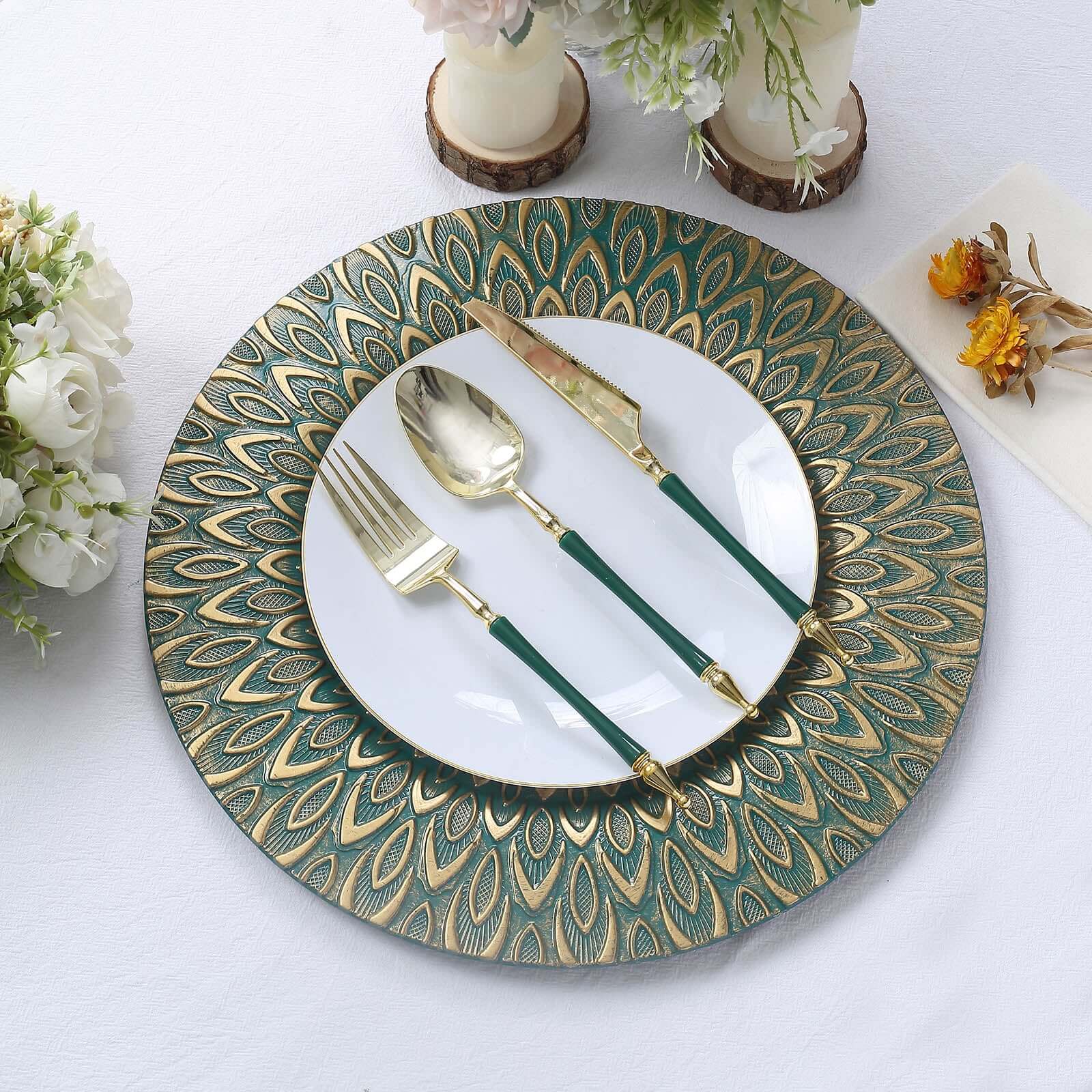 6-Pack Plastic Charger Plates 13" Round Teal with Gold Embossed Peacock Pattern - Disposable Charger Tableware - Image 2