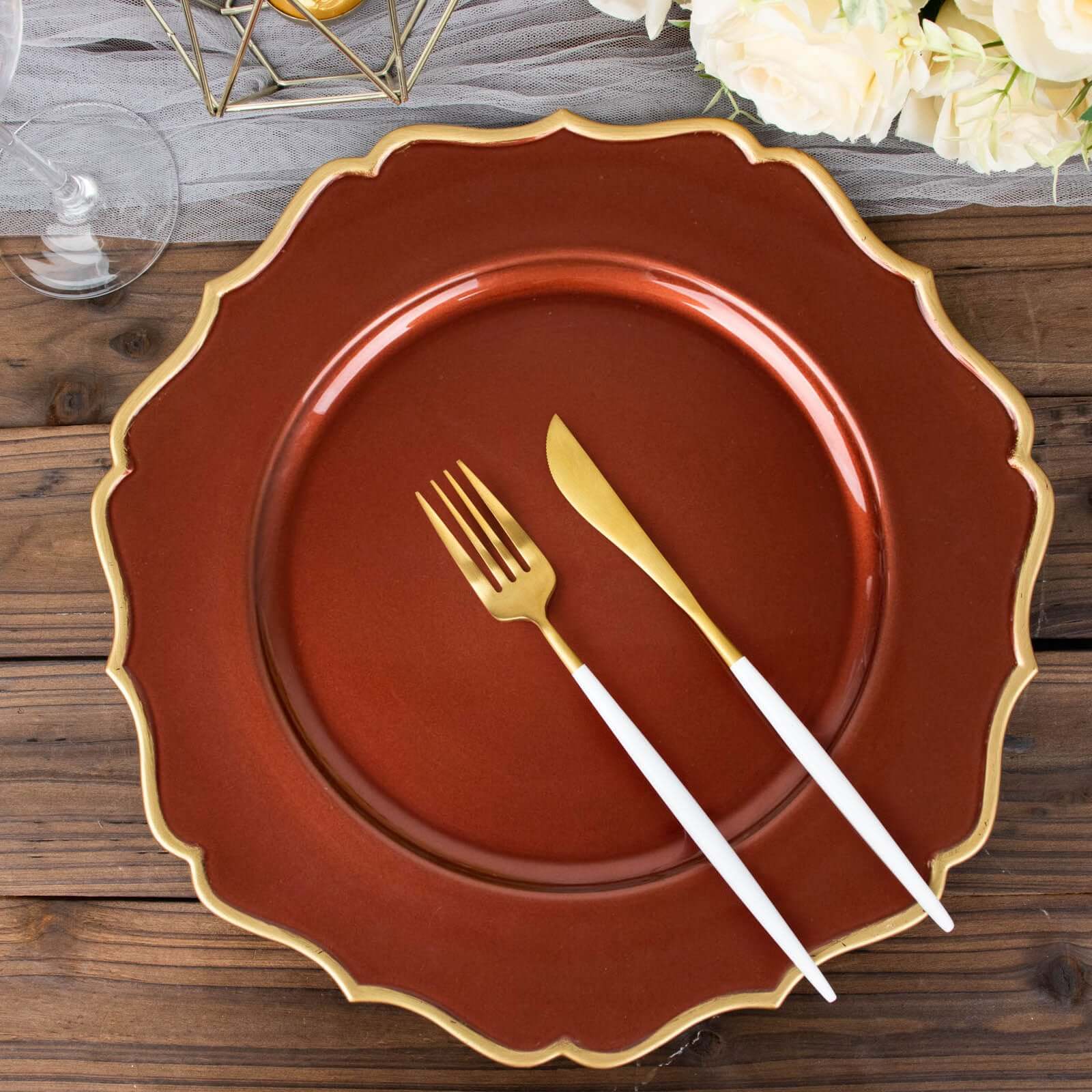 6-Pack Acrylic Charger Plates 13" Round Terracotta (Rust) with Gold Scalloped Rim - Dinner Plastic Charger Tableware - Image 6