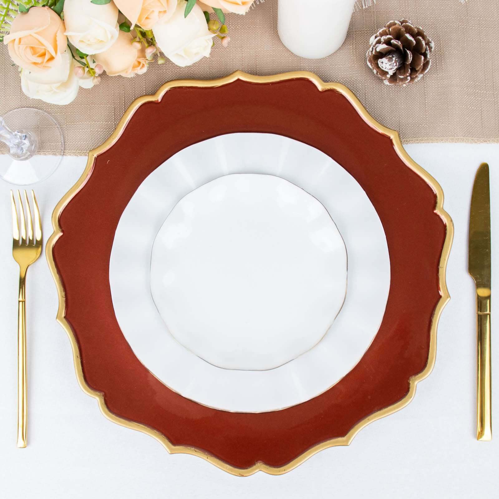 6-Pack Acrylic Charger Plates 13" Round Terracotta (Rust) with Gold Scalloped Rim - Dinner Plastic Charger Tableware - Image 9
