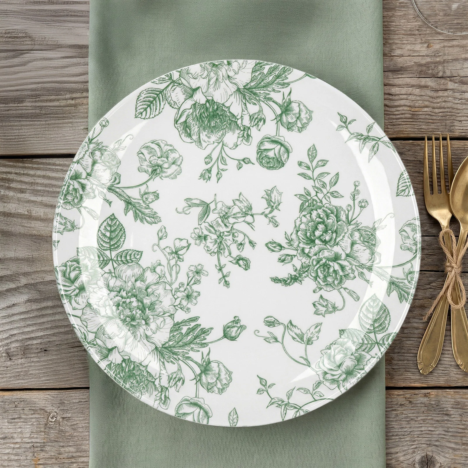 10-Pack French Toile Plastic Dinner Plates – Sage Green & White Floral, 10" Round Disposable Party Plates