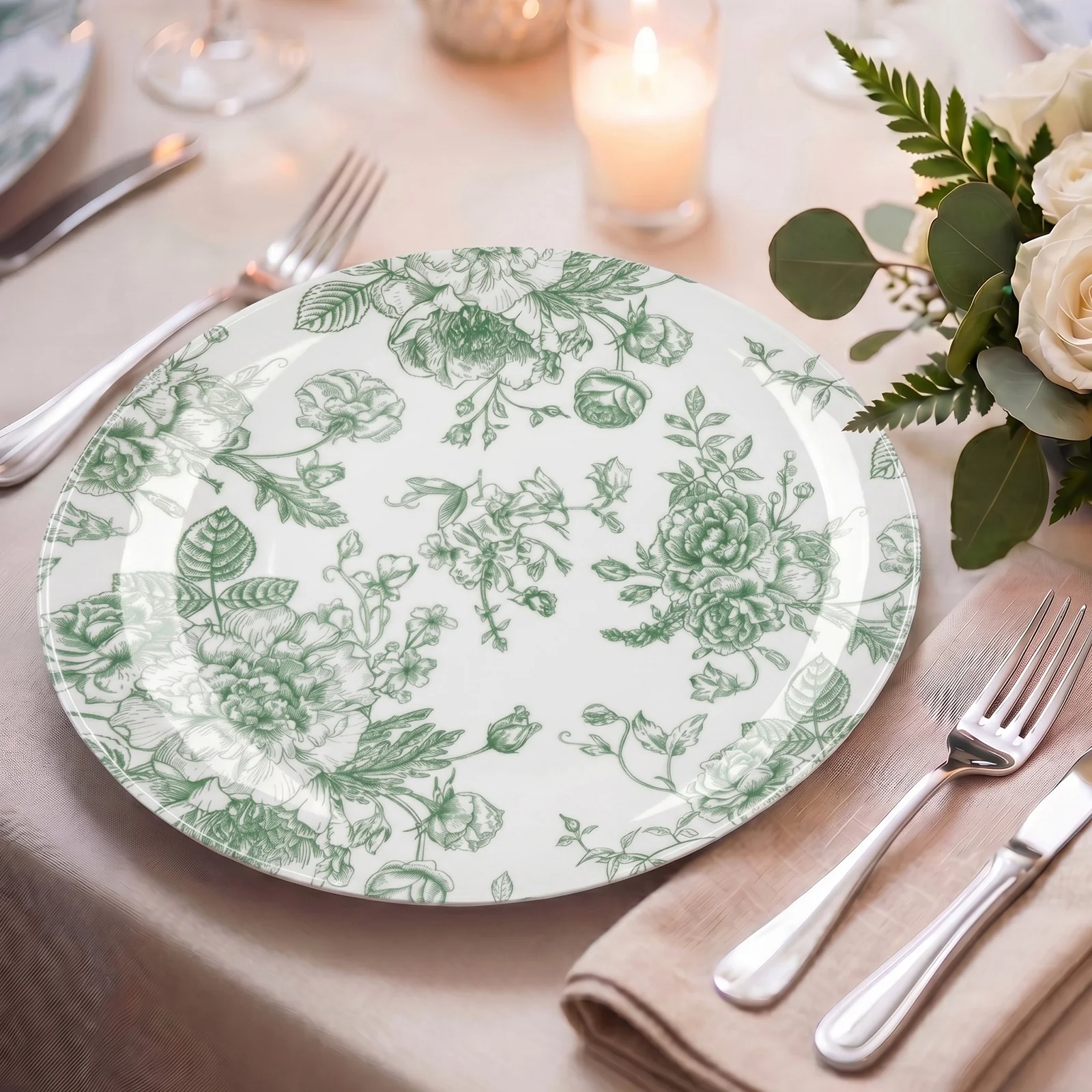 10-Pack French Toile Plastic Dinner Plates – Sage Green & White Floral, 10" Round Disposable Party Plates - Image 7