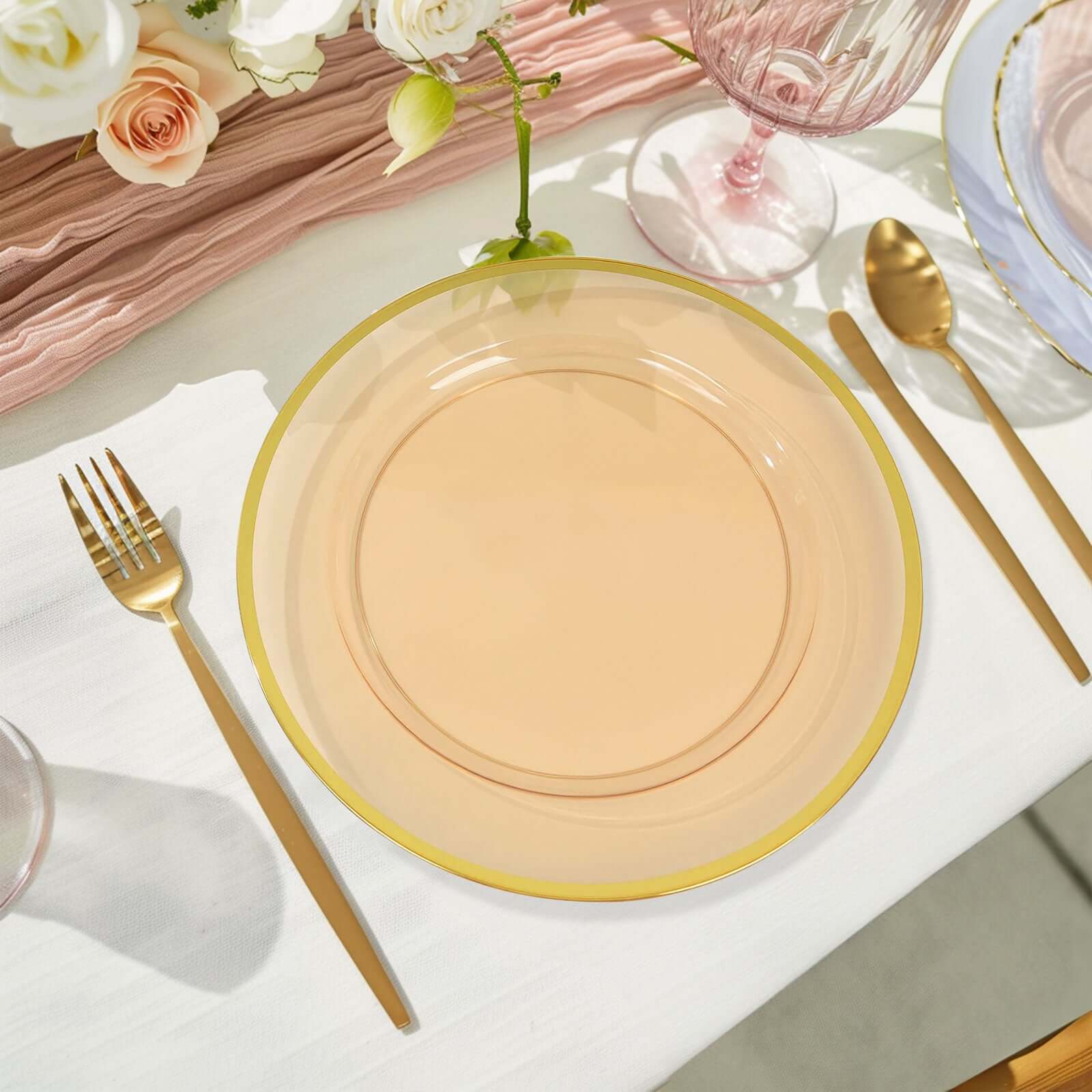 10-Pack Economy Plastic Charger Plates 12" Round Amber Gold with Wide Gold Rim - Dinner Party Serving Plates - Image 2