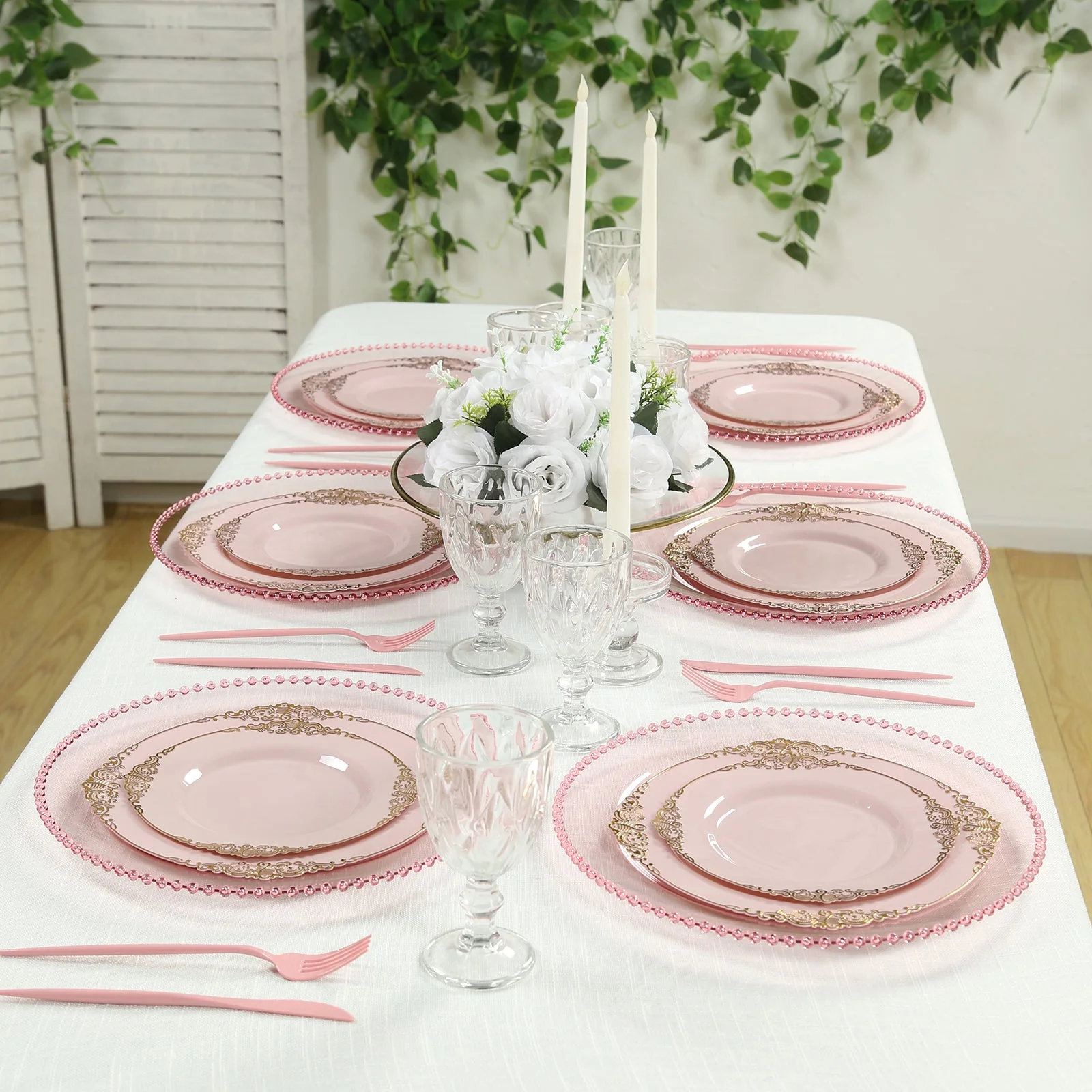 10-Pack Economy Plastic Charger Plates 13" Round Transparent Blush with Beaded Rim - Stylish Dinner Party Serving Plates - Image 7