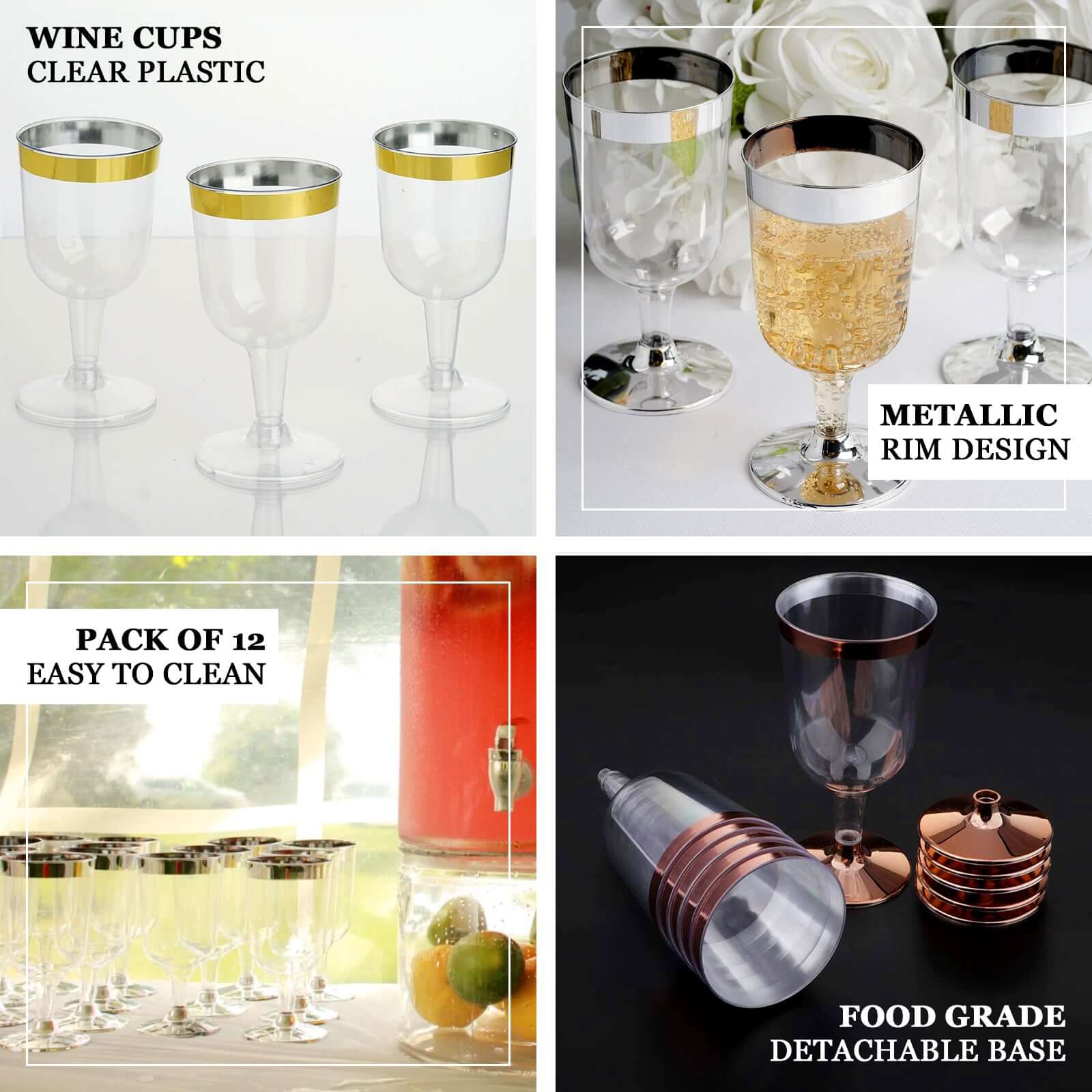 12 Pack Plastic Short Stem Wine Glasses 6oz Transparent Gold/Gold Rim - Disposable Cups for Parties - Image 4