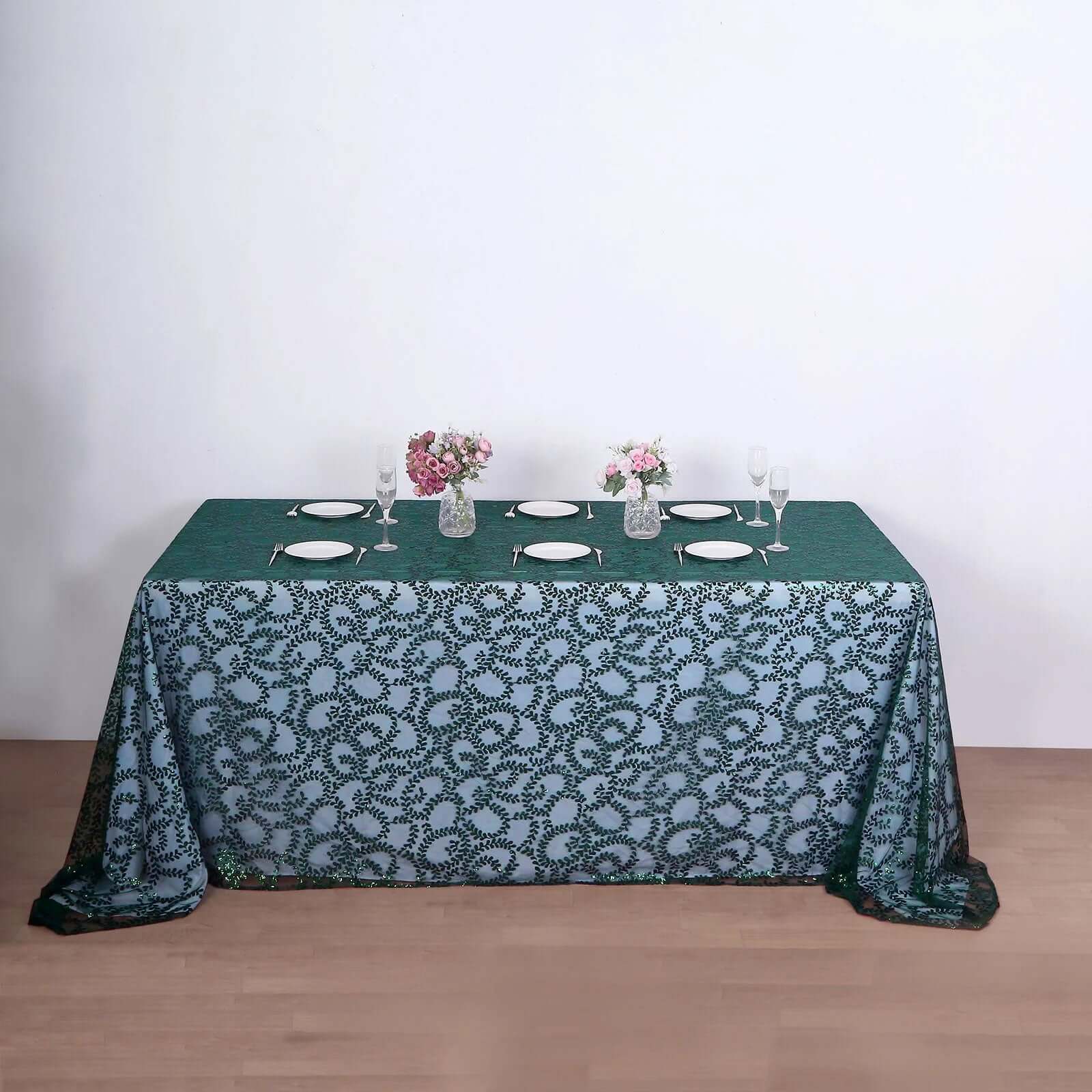 Tulle Rectangle Tablecloth 90"x156" Hunter Emerald Green with Embroidered Sequin Leaf Table Cover - Image 3