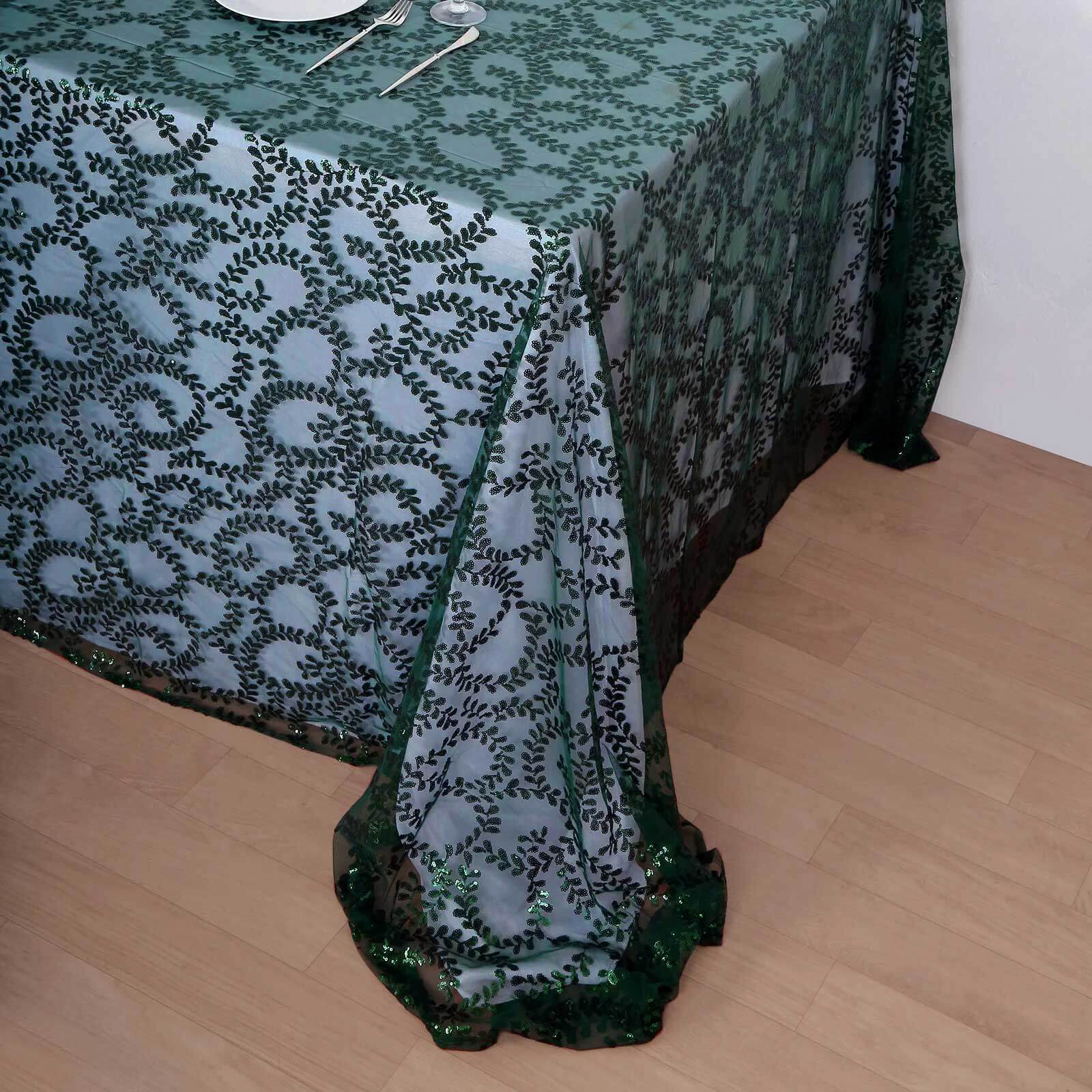 Tulle Rectangle Tablecloth 90"x156" Hunter Emerald Green with Embroidered Sequin Leaf Table Cover - Image 4