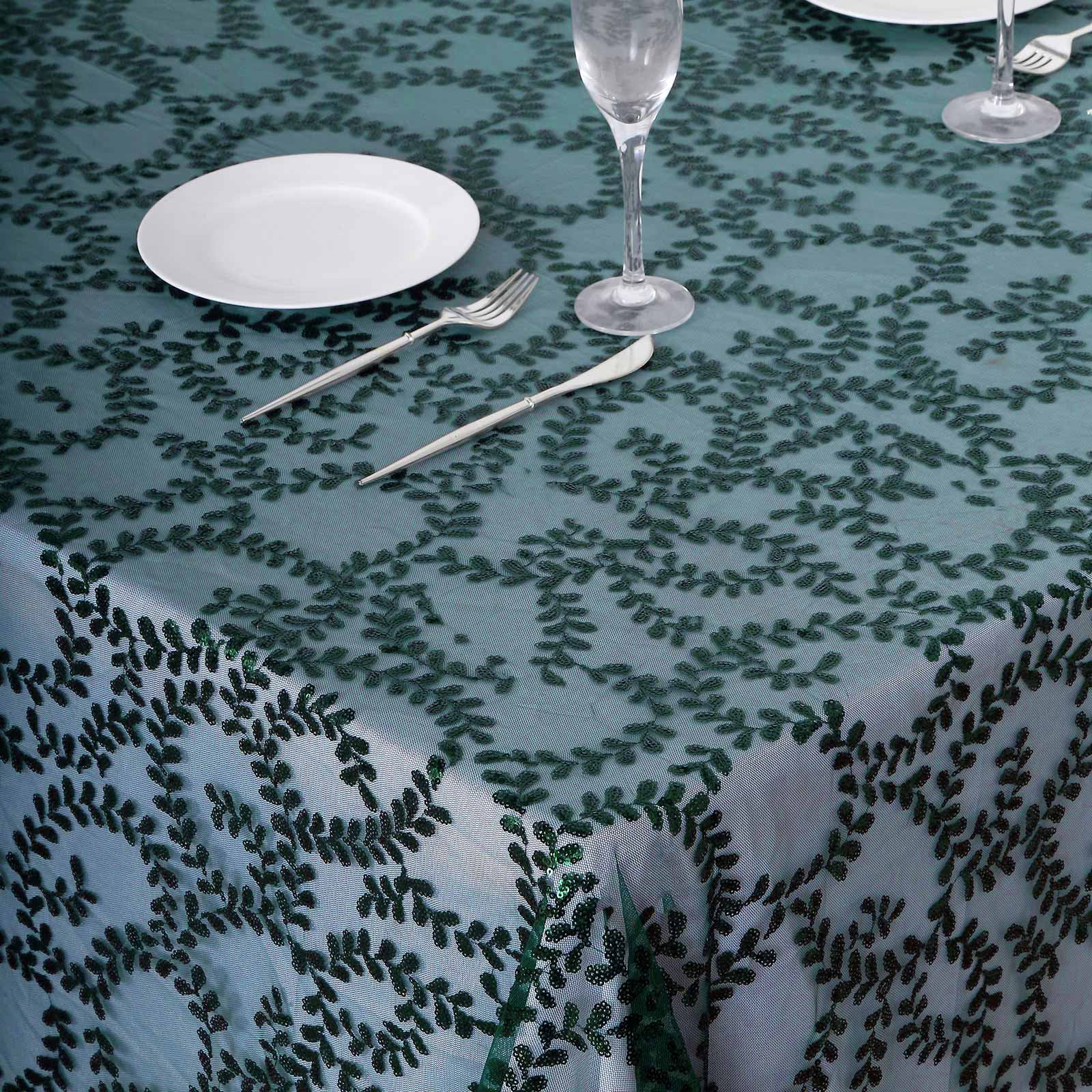 Tulle Rectangle Tablecloth 90"x156" Hunter Emerald Green with Embroidered Sequin Leaf Table Cover - Image 5
