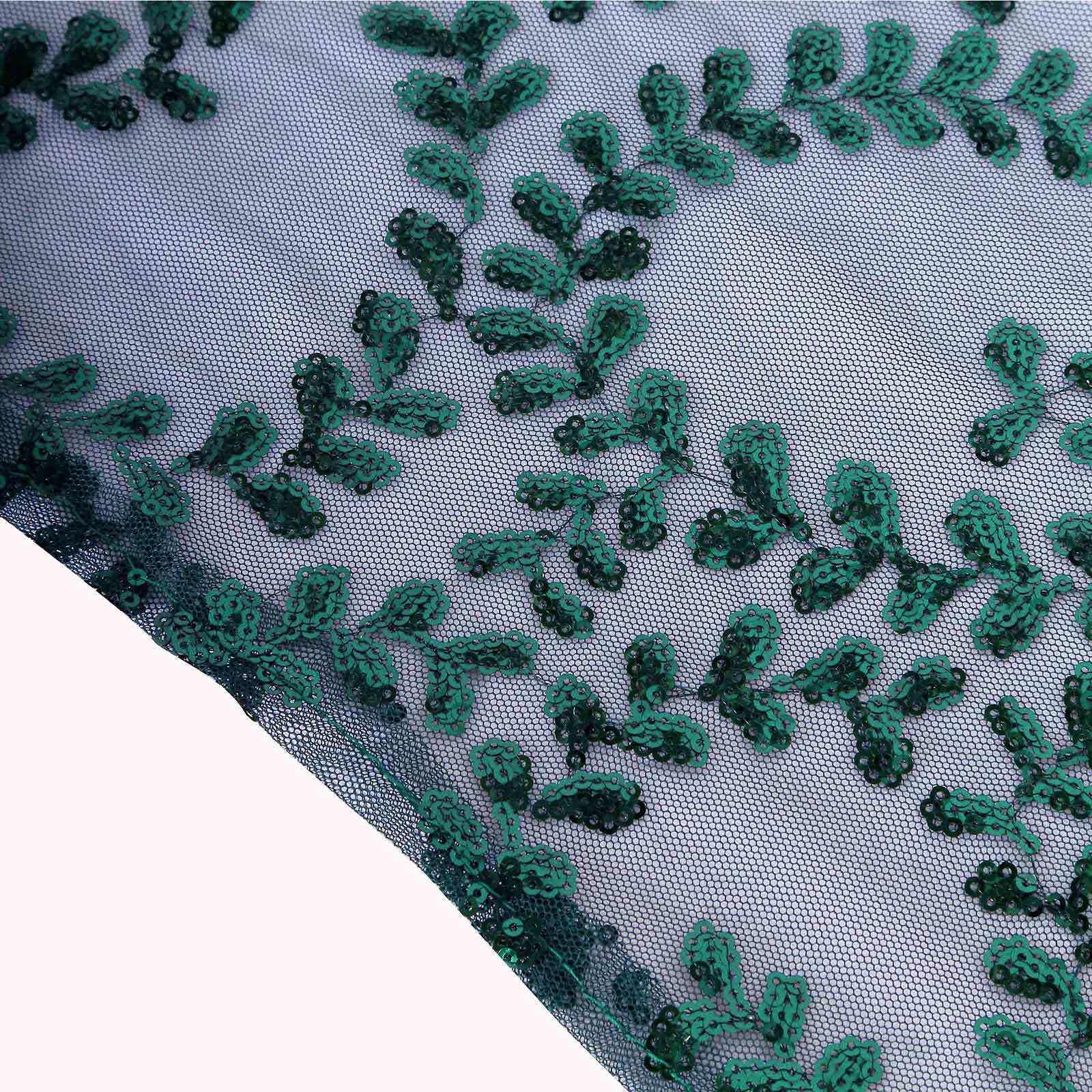Tulle Rectangle Tablecloth 90"x156" Hunter Emerald Green with Embroidered Sequin Leaf Table Cover - Image 6