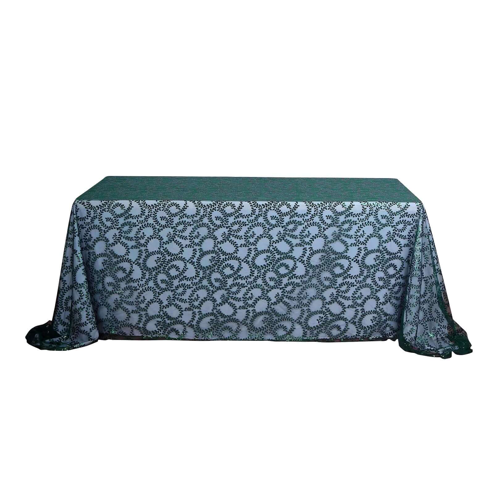 Tulle Rectangle Tablecloth 90"x156" Hunter Emerald Green with Embroidered Sequin Leaf Table Cover - Image 7