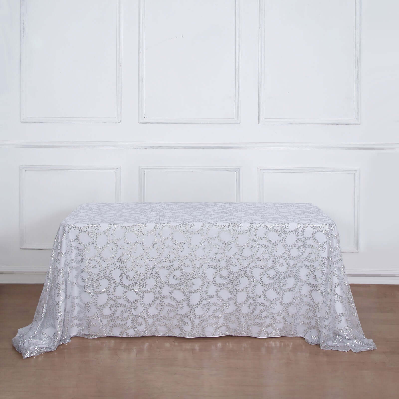 Tulle Rectangle Tablecloth 90"x156" Silver with Embroidered Sequin Leaf Table Cover