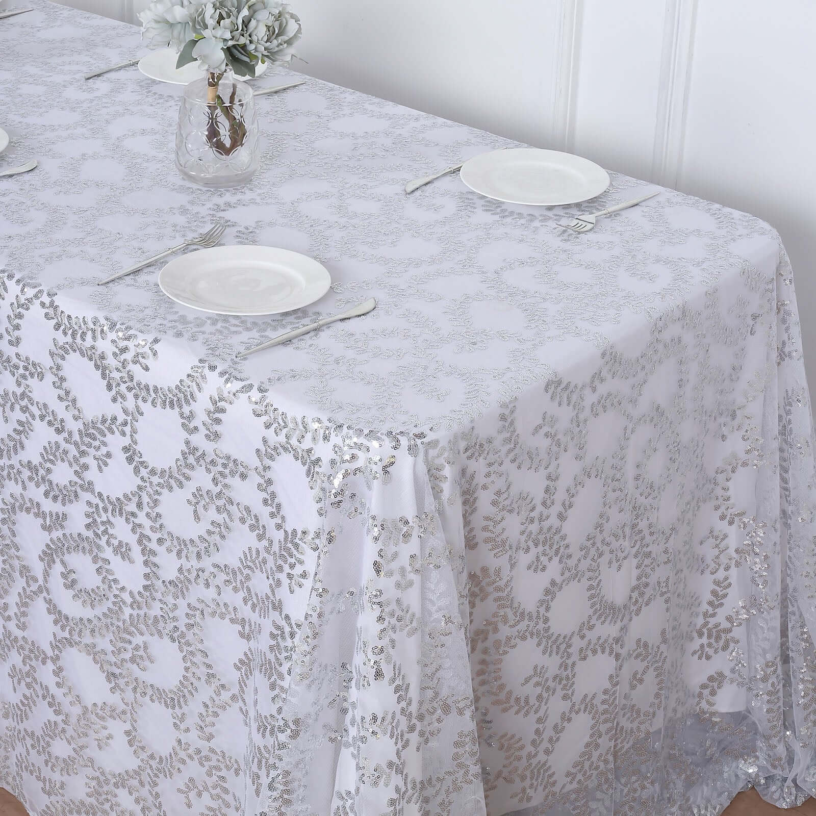 Tulle Rectangle Tablecloth 90"x156" Silver with Embroidered Sequin Leaf Table Cover - Image 2