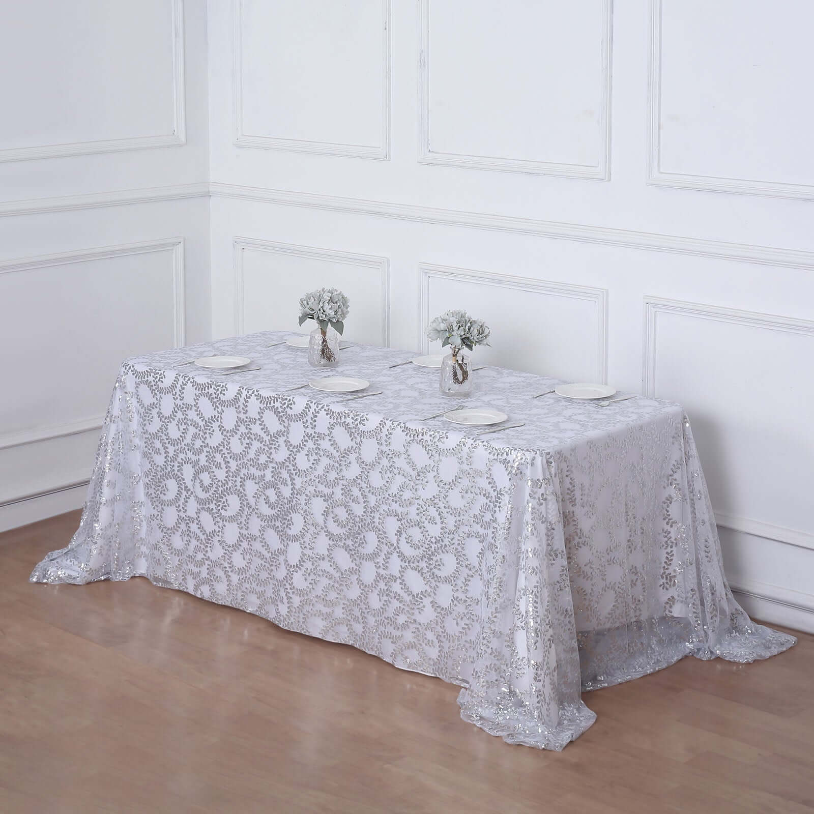 Tulle Rectangle Tablecloth 90"x156" Silver with Embroidered Sequin Leaf Table Cover - Image 3