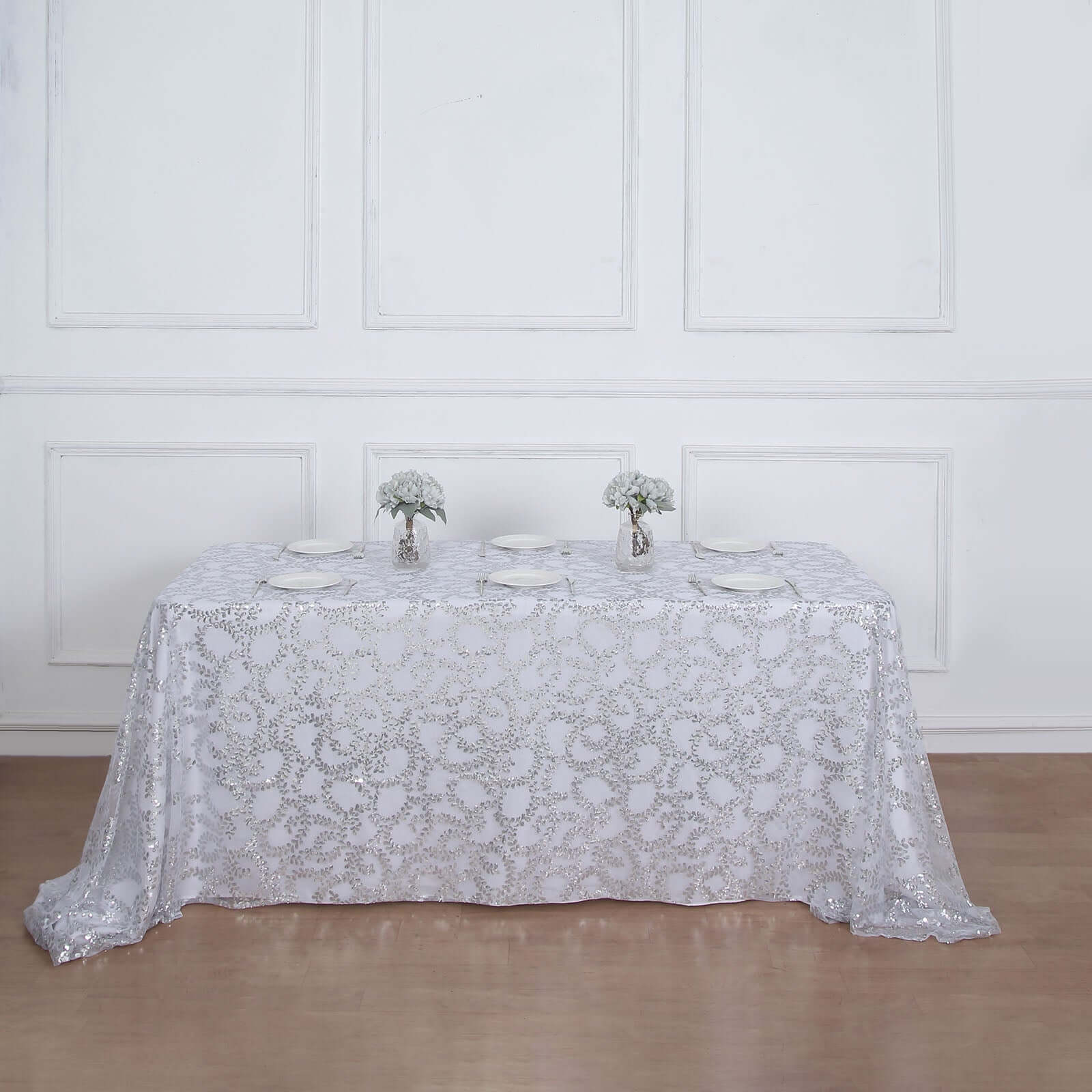 Tulle Rectangle Tablecloth 90"x156" Silver with Embroidered Sequin Leaf Table Cover - Image 4