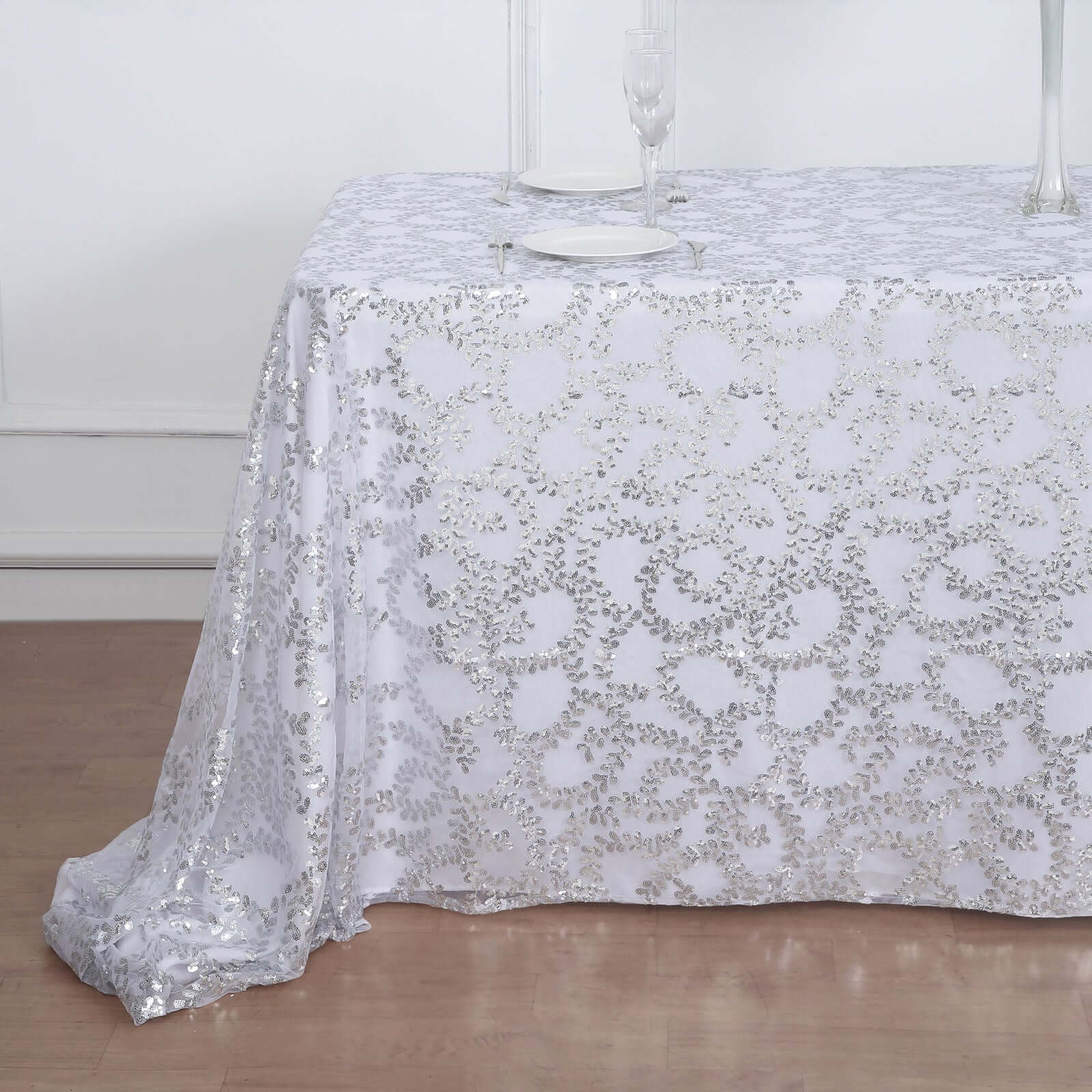 Tulle Rectangle Tablecloth 90"x156" Silver with Embroidered Sequin Leaf Table Cover - Image 5
