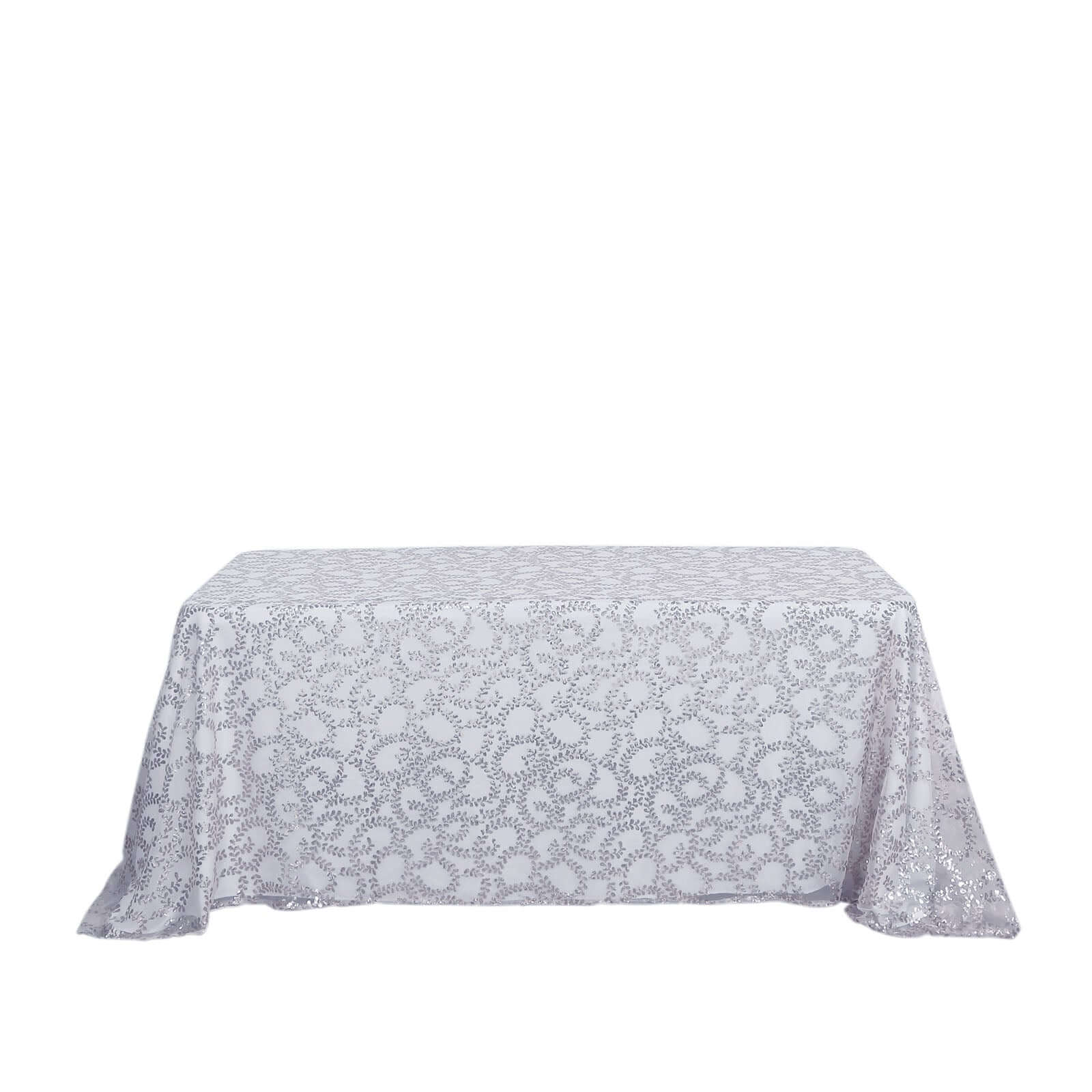 Tulle Rectangle Tablecloth 90"x156" Silver with Embroidered Sequin Leaf Table Cover - Image 6