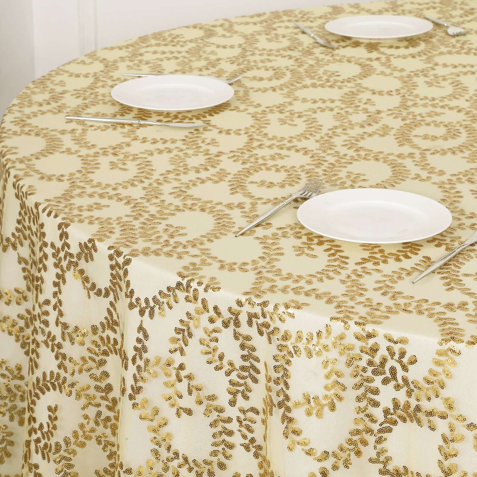 Tulle Round Tablecloth 120" Gold with Sequin Leaf Embroidered Design - Seamless Sheer Decor for Weddings, Galas & Events - Image 4
