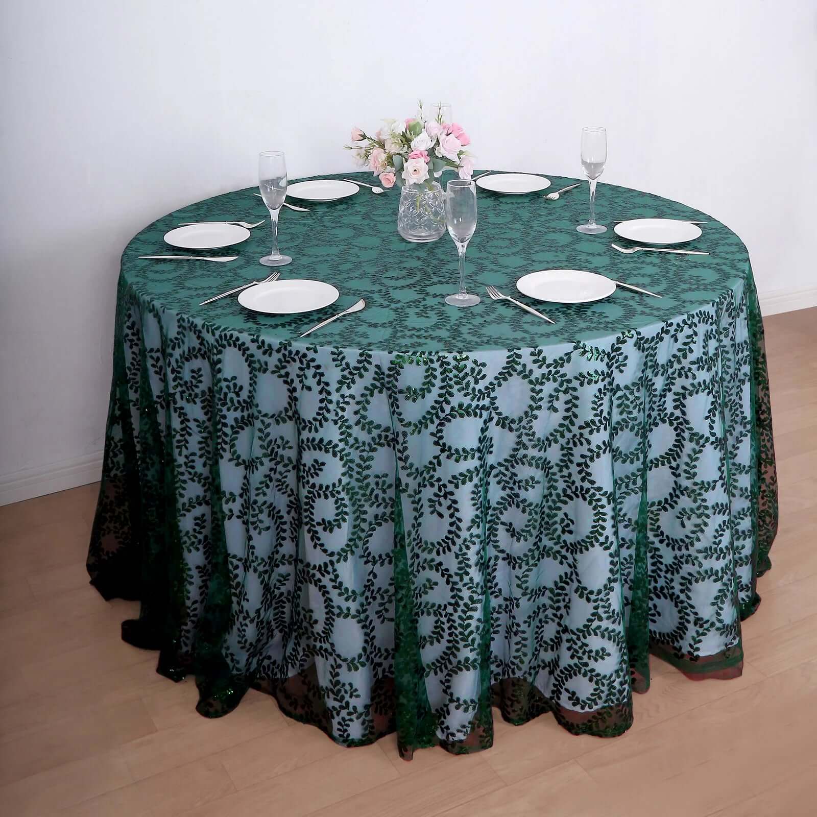 Tulle Round Tablecloth 120" Hunter Emerald Green with Sequin Leaf Embroidered Design - Seamless Sheer Table Cover - Image 3