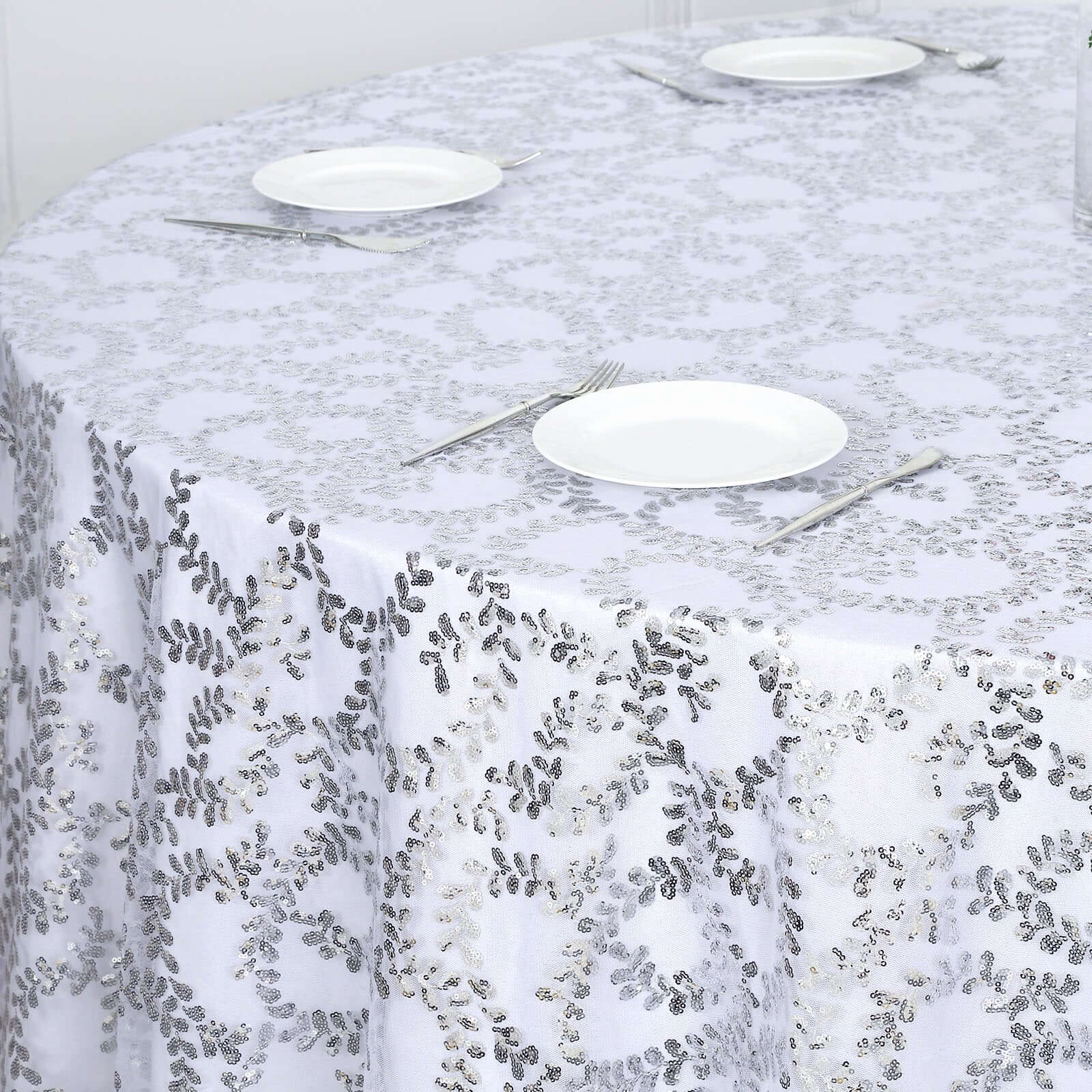Tulle Round Tablecloth 120" Silver with Sequin Leaf Embroidered Design - Seamless Sheer Table Cover - Image 4