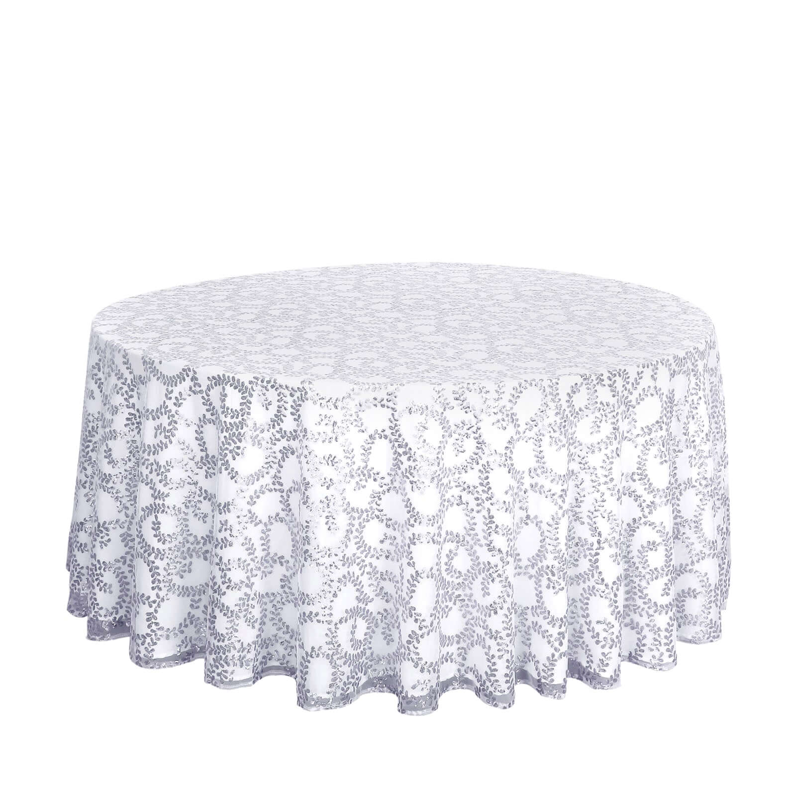 Tulle Round Tablecloth 120" Silver with Sequin Leaf Embroidered Design - Seamless Sheer Table Cover - Image 5