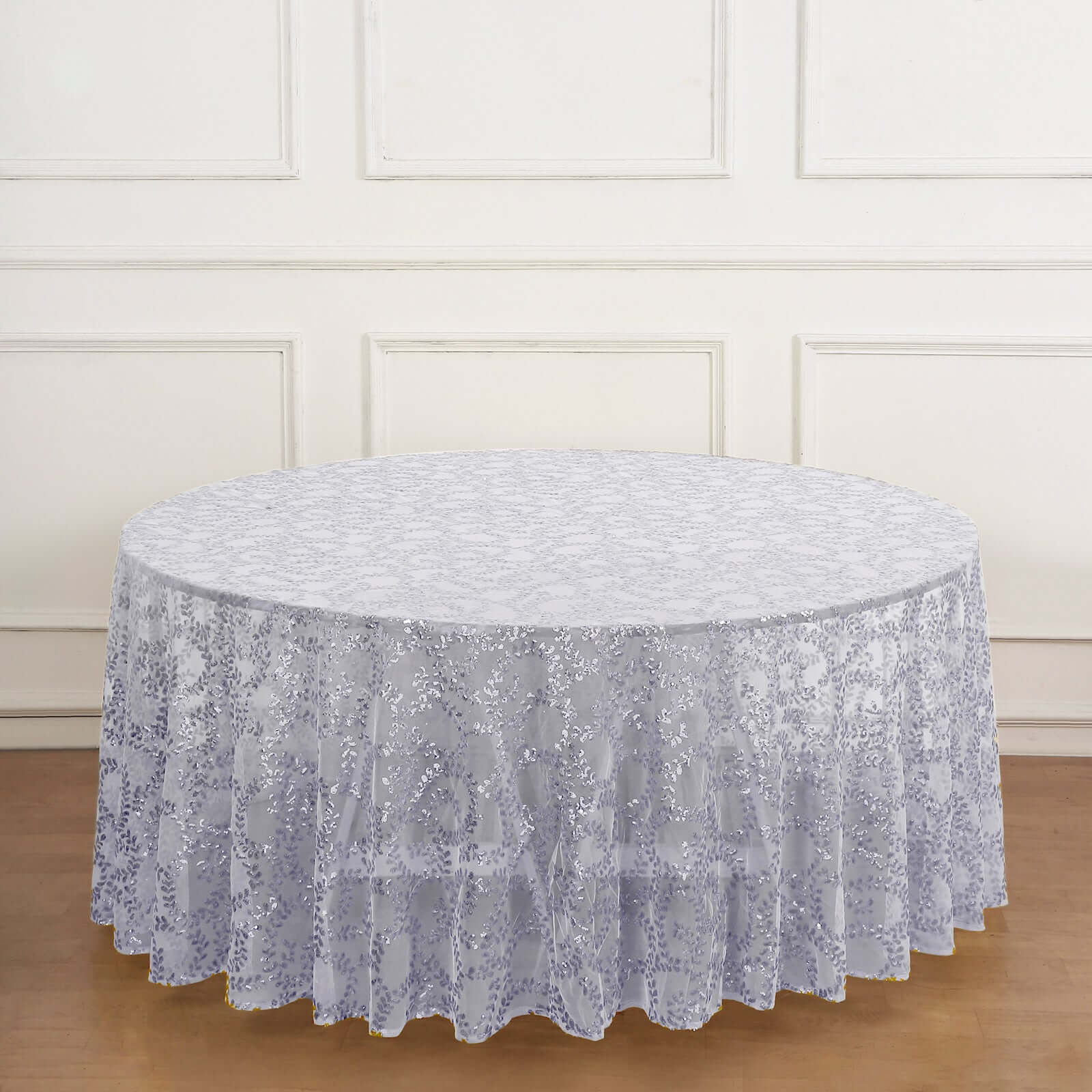 Tulle Round Tablecloth 120" Silver with Sequin Leaf Embroidered Design - Seamless Sheer Table Cover - Image 7