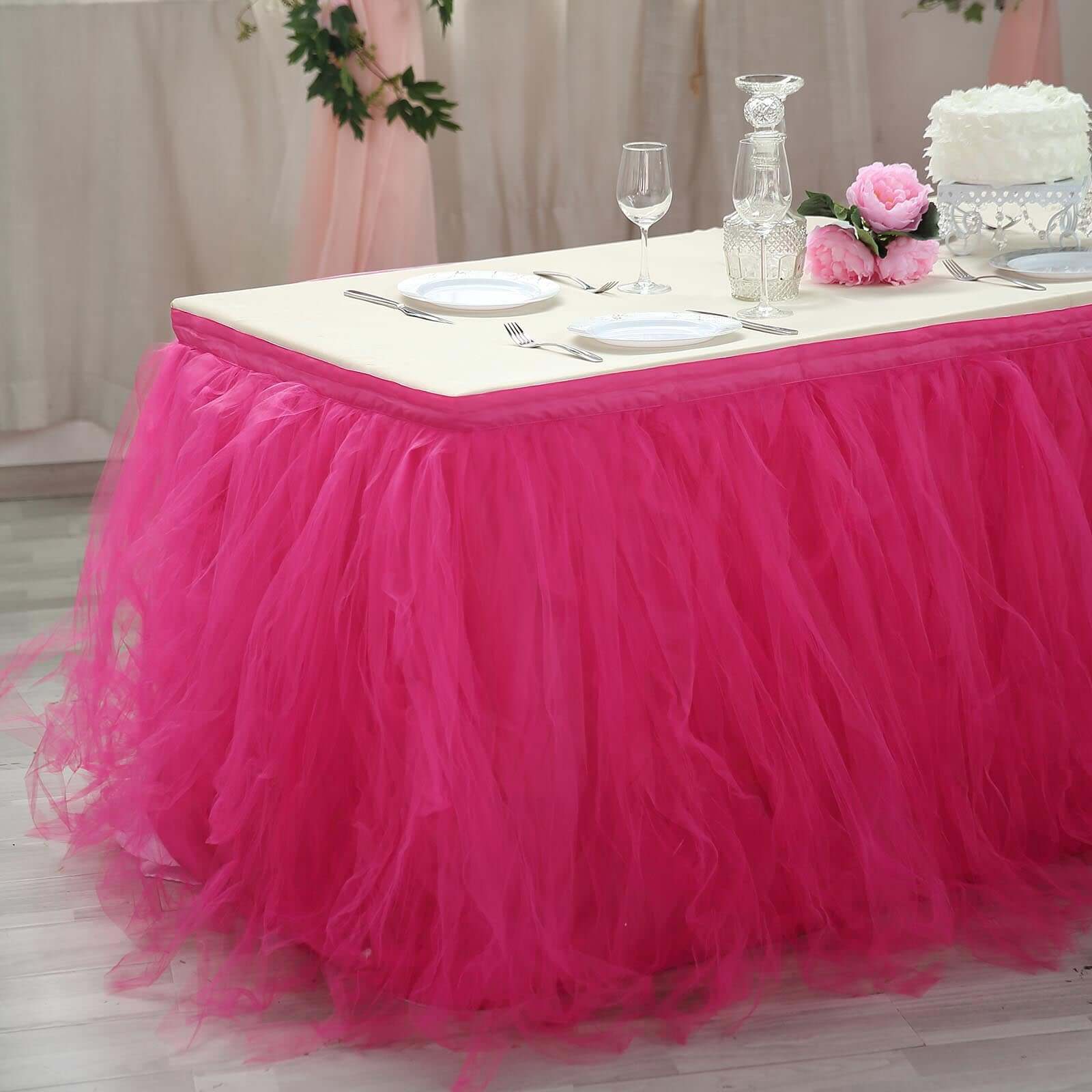 Tulle Table Skirt 14ft Fuchsia - 4 Layer Pleated Tutu Table Cover - Image 2