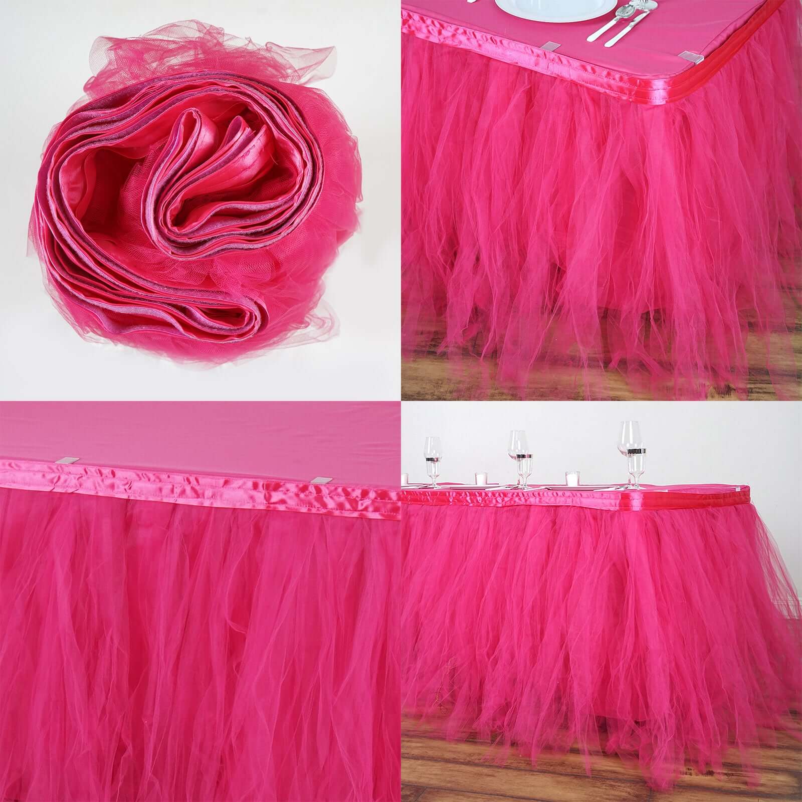 Tulle Table Skirt 14ft Fuchsia - 4 Layer Pleated Tutu Table Cover - Image 6