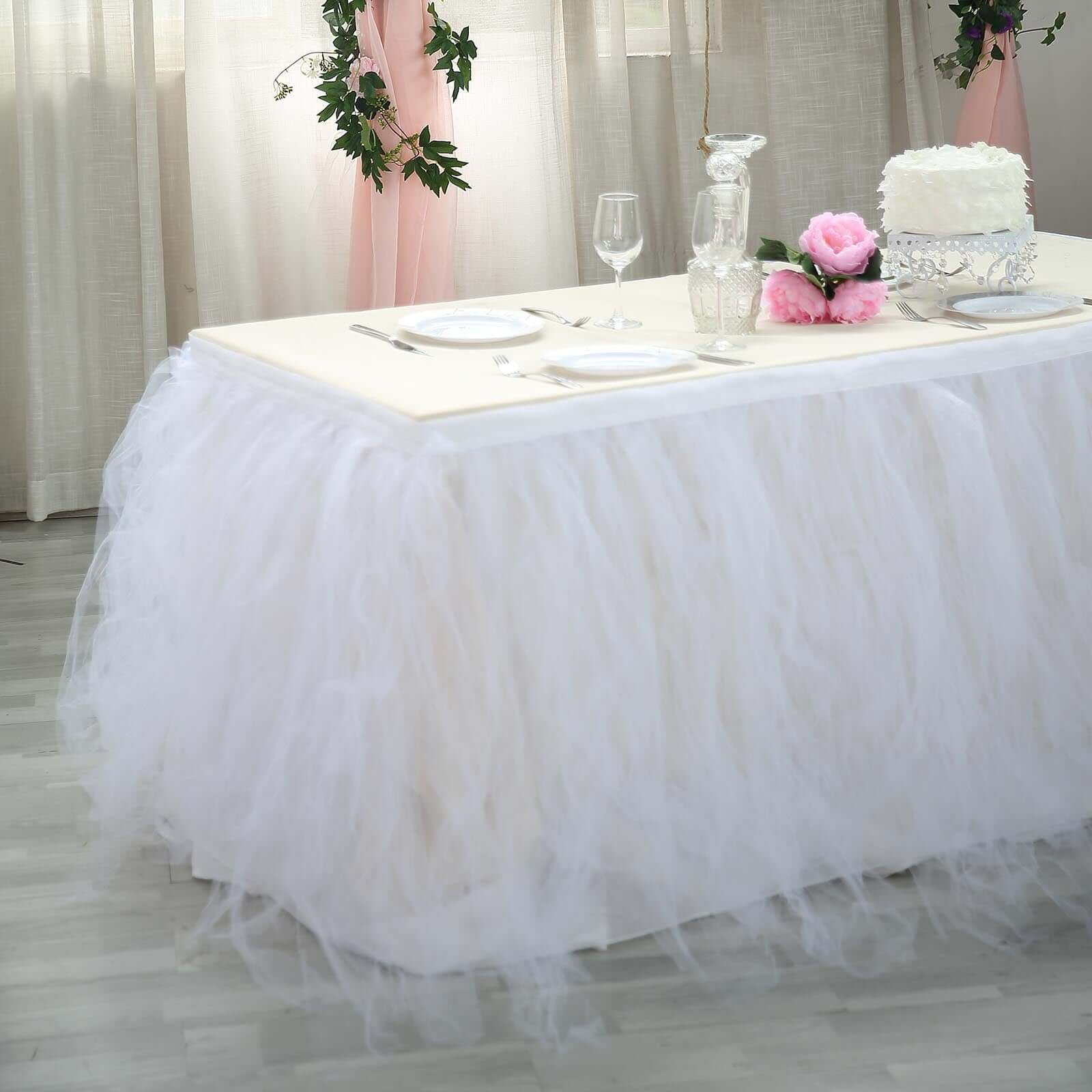 Tulle Table Skirt 14ft White - 4 Layer Pleated Tutu for Stylish & Soft Event Table Cover - Image 2