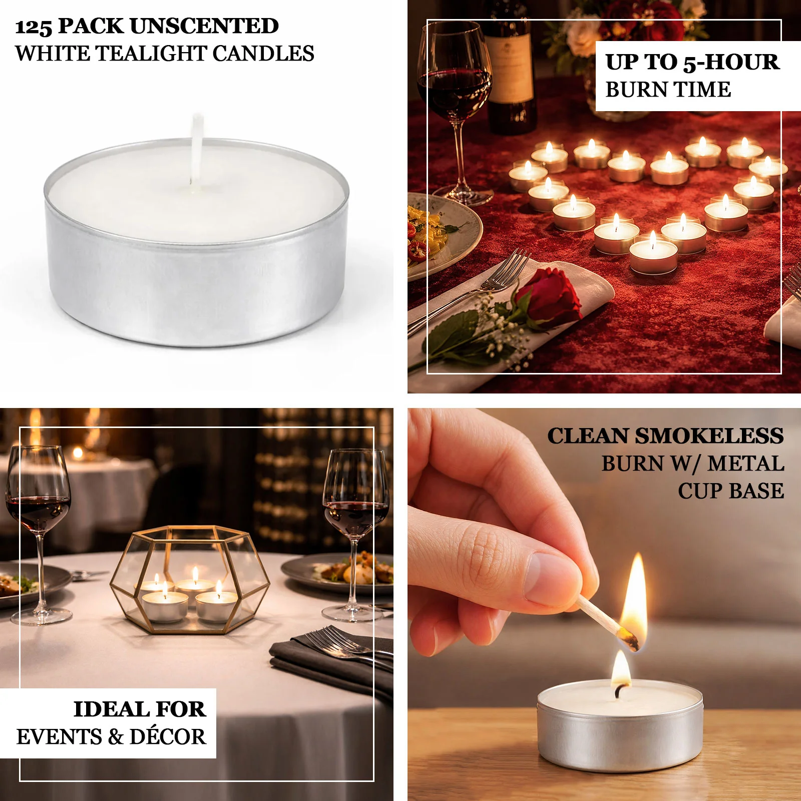 125 Pack Unscented White Tealight Candles – 5 Hour Clean Burning, Smokeless Cotton Wick in Metal Cups - Image 4