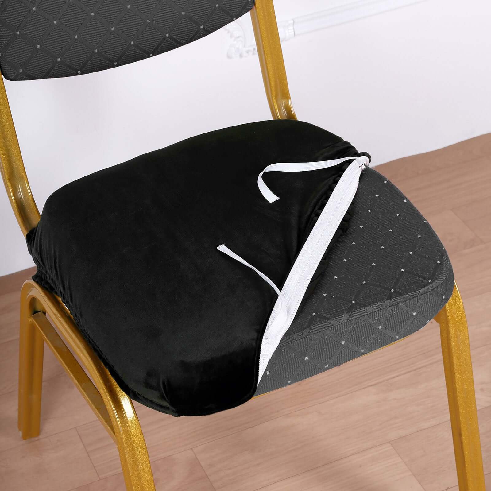 Velvet Dining Chair Seat Cover Black Stretch with Tie - Stylish Cushion Protector for Sophisticated Events - Image 2