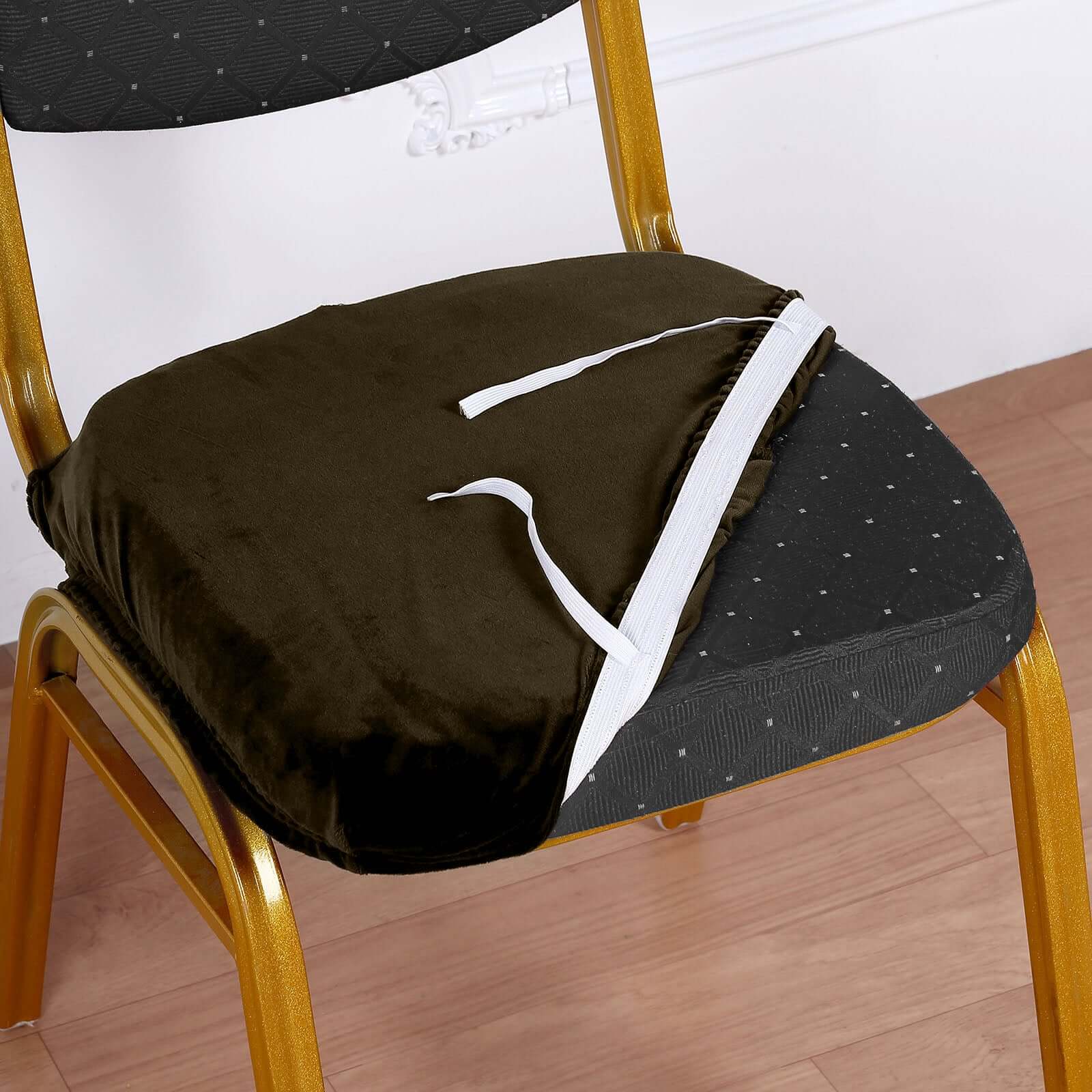 Velvet Dining Chair Seat Cover Chocolate Stretch with Tie - Stylish Cushion Protector - Image 2