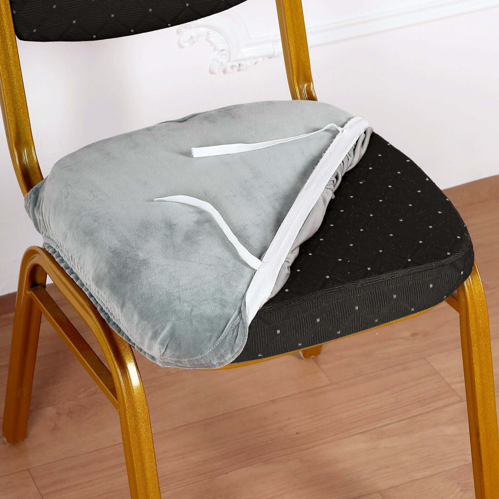 Velvet Dining Chair Seat Cover Dusty Blue Stretch with Tie - Stylish Cushion Protector - Image 2