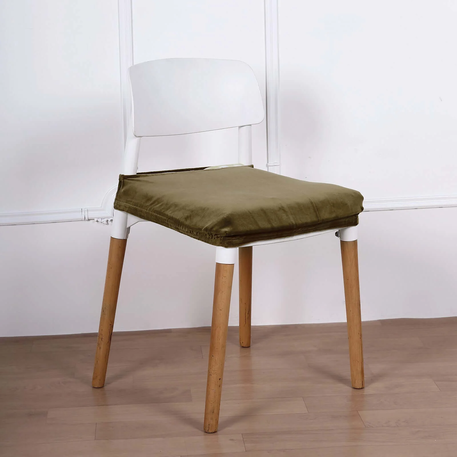 Velvet Dining Chair Seat Cover Olive Green Stretch with Tie - Stylish Cushion Protector