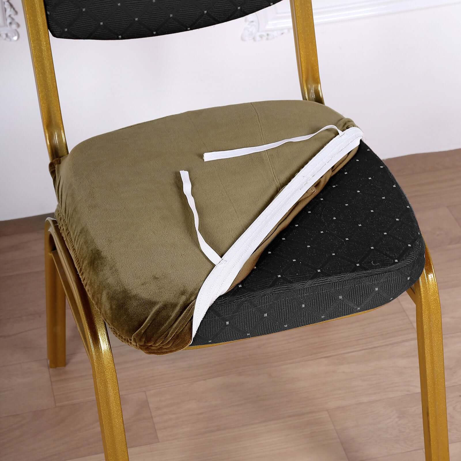 Velvet Dining Chair Seat Cover Olive Green Stretch with Tie - Stylish Cushion Protector - Image 2