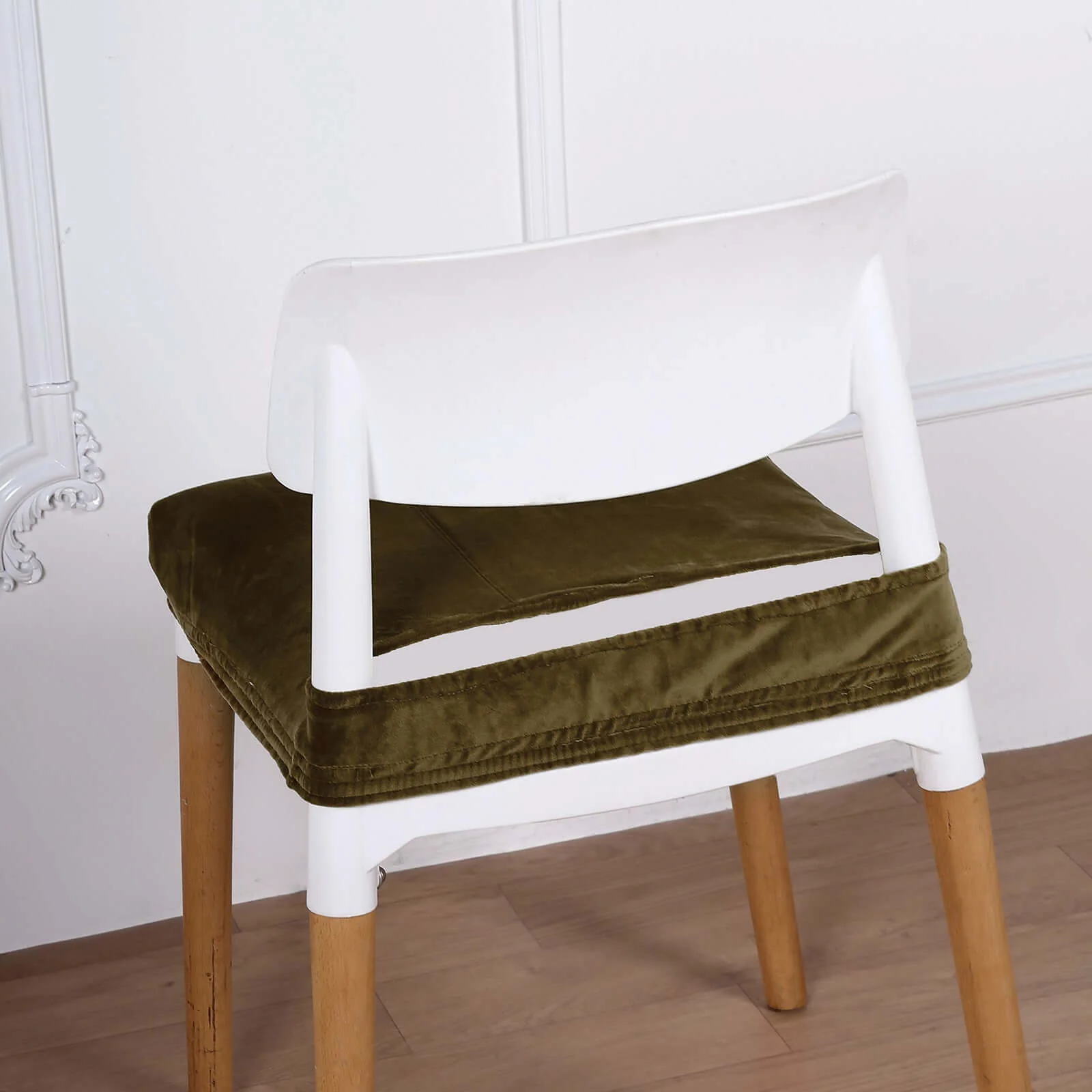 Velvet Dining Chair Seat Cover Olive Green Stretch with Tie - Stylish Cushion Protector - Image 7