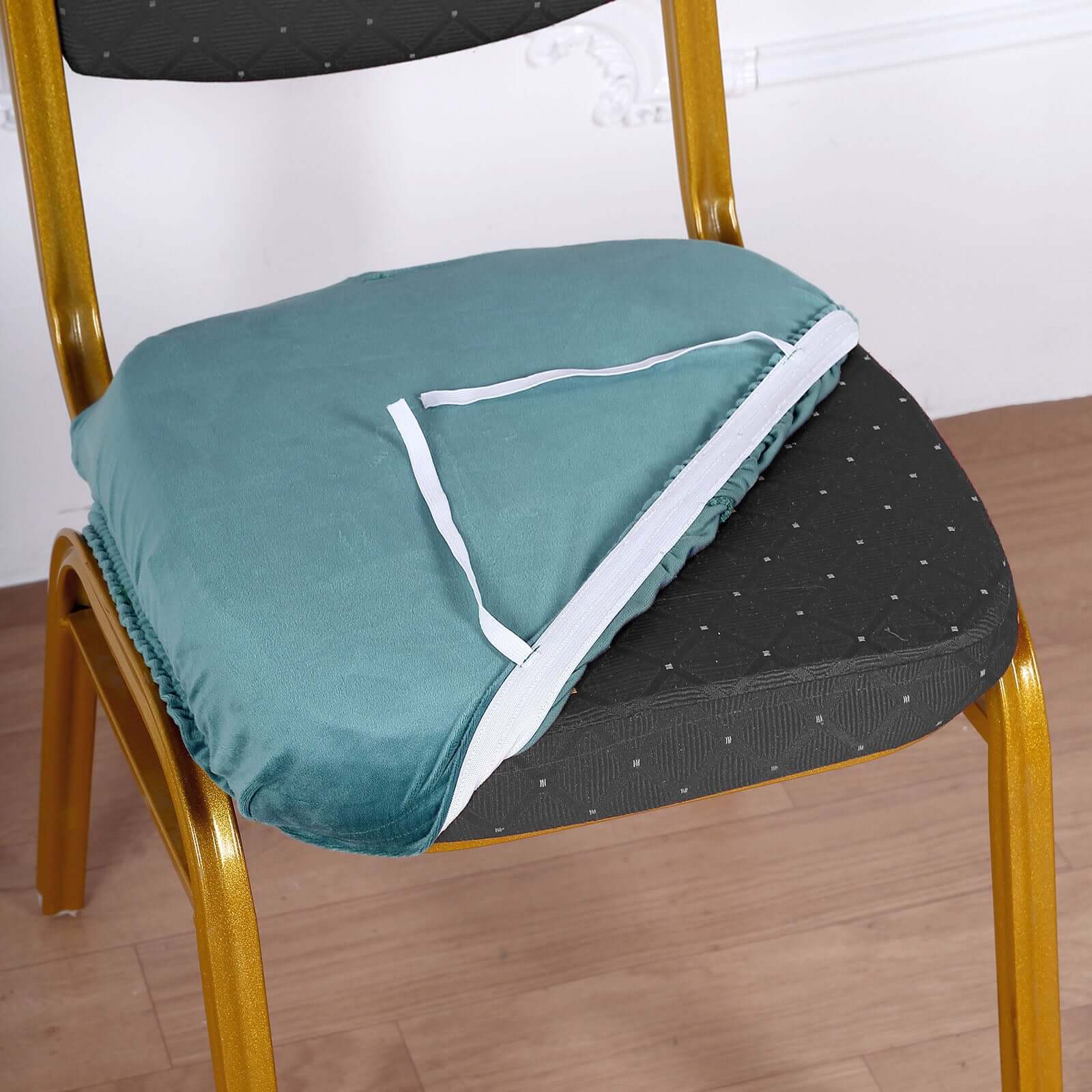 Velvet Dining Chair Seat Cover Teal Stretch with Tie - Stylish Cushion Protector - Image 2