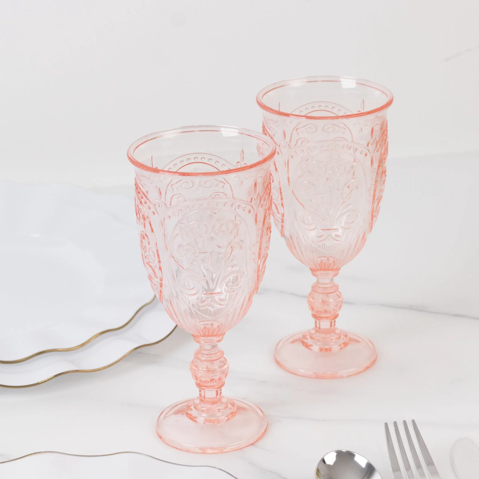 24-Pack Plastic Vintage Goblets – 10oz Transparent Blush Retro Embossed Wine Glasses, Elegant Water & Juice Cups - 7" Tall