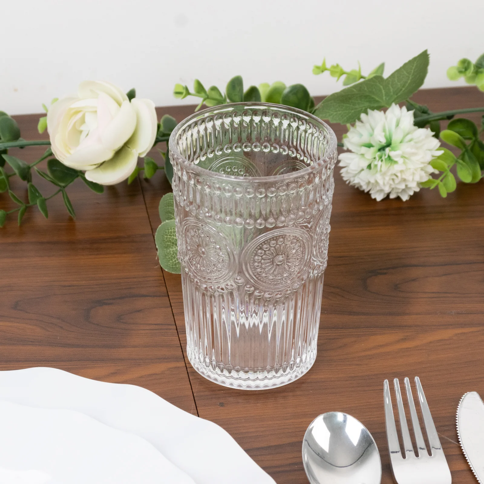6 Pack Vintage Embossed Glass Tumblers – 13oz Clear Drinking Glasses Textured Floral Pattern for Water, Juice & Cocktails - Image 3