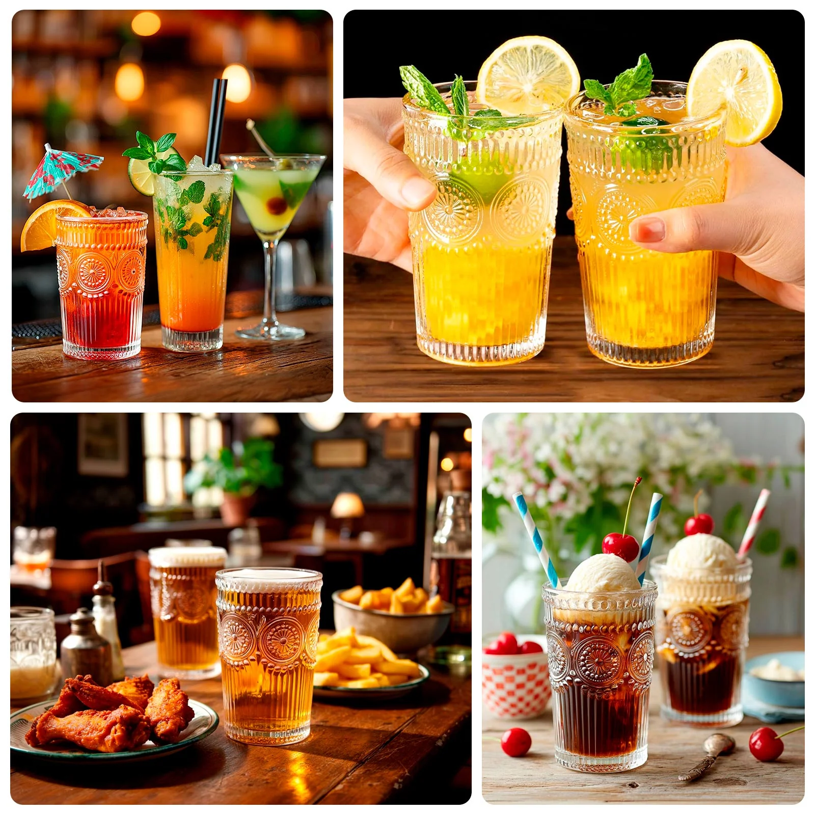 6 Pack Vintage Embossed Glass Tumblers – 13oz Clear Drinking Glasses Textured Floral Pattern for Water, Juice & Cocktails - Image 6