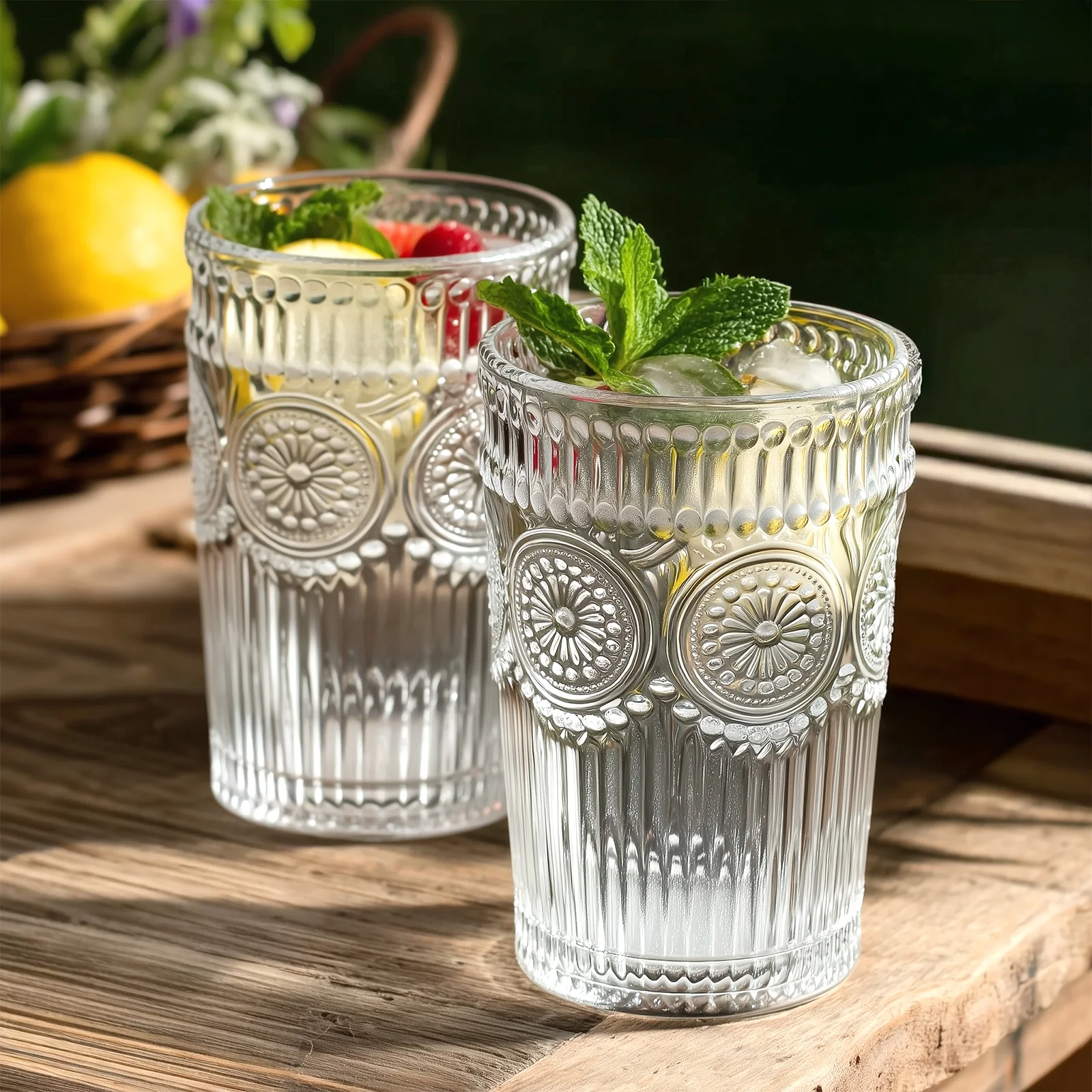 6 Pack Vintage Embossed Glass Tumblers – 13oz Clear Drinking Glasses Textured Floral Pattern for Water, Juice & Cocktails - Image 8