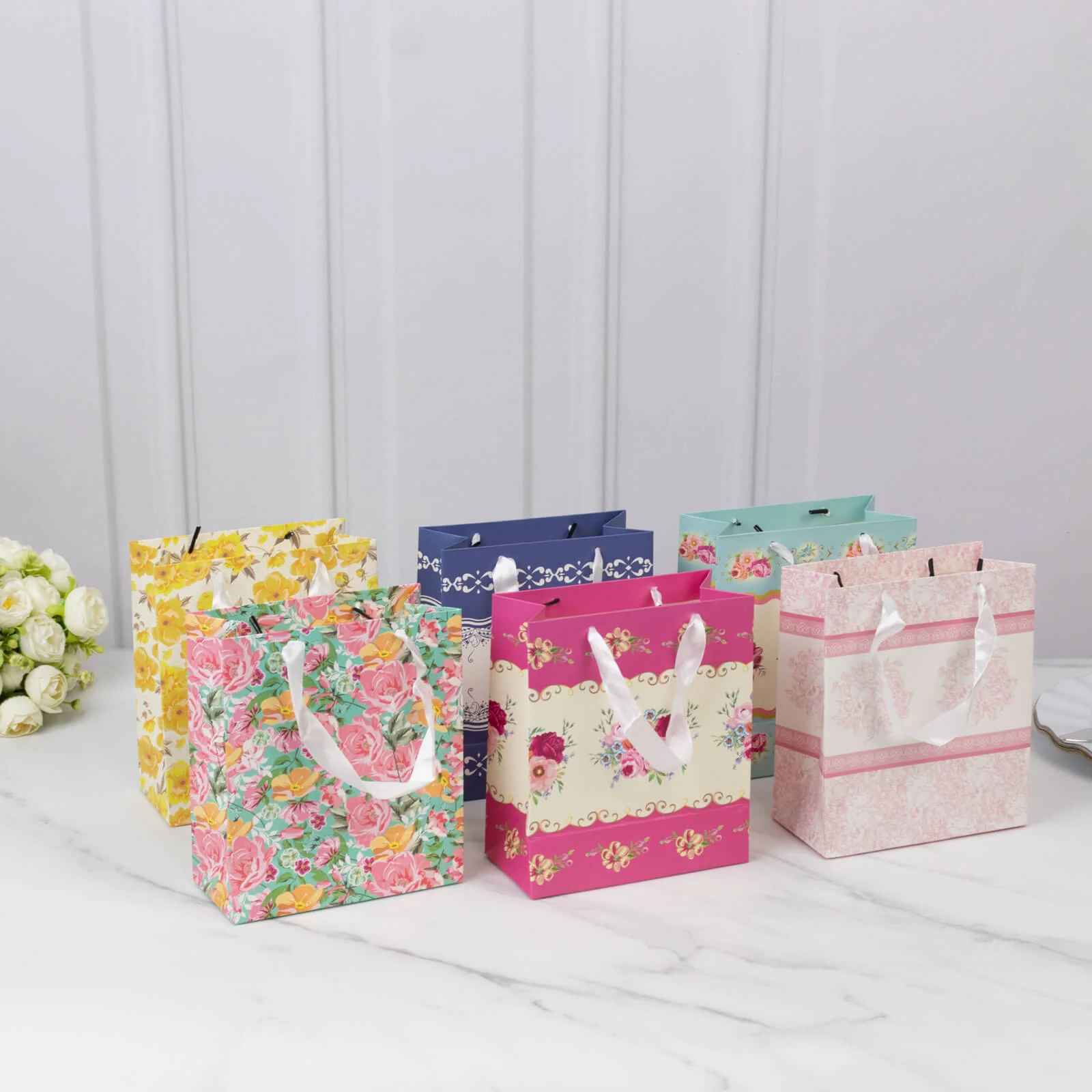 12-Pack Gift Bags Mixed Vintage Floral Tea Party - Paper Goodie Bags with Ribbon Handles - Party Favor Bags - 6"x7"x3" - Image 2
